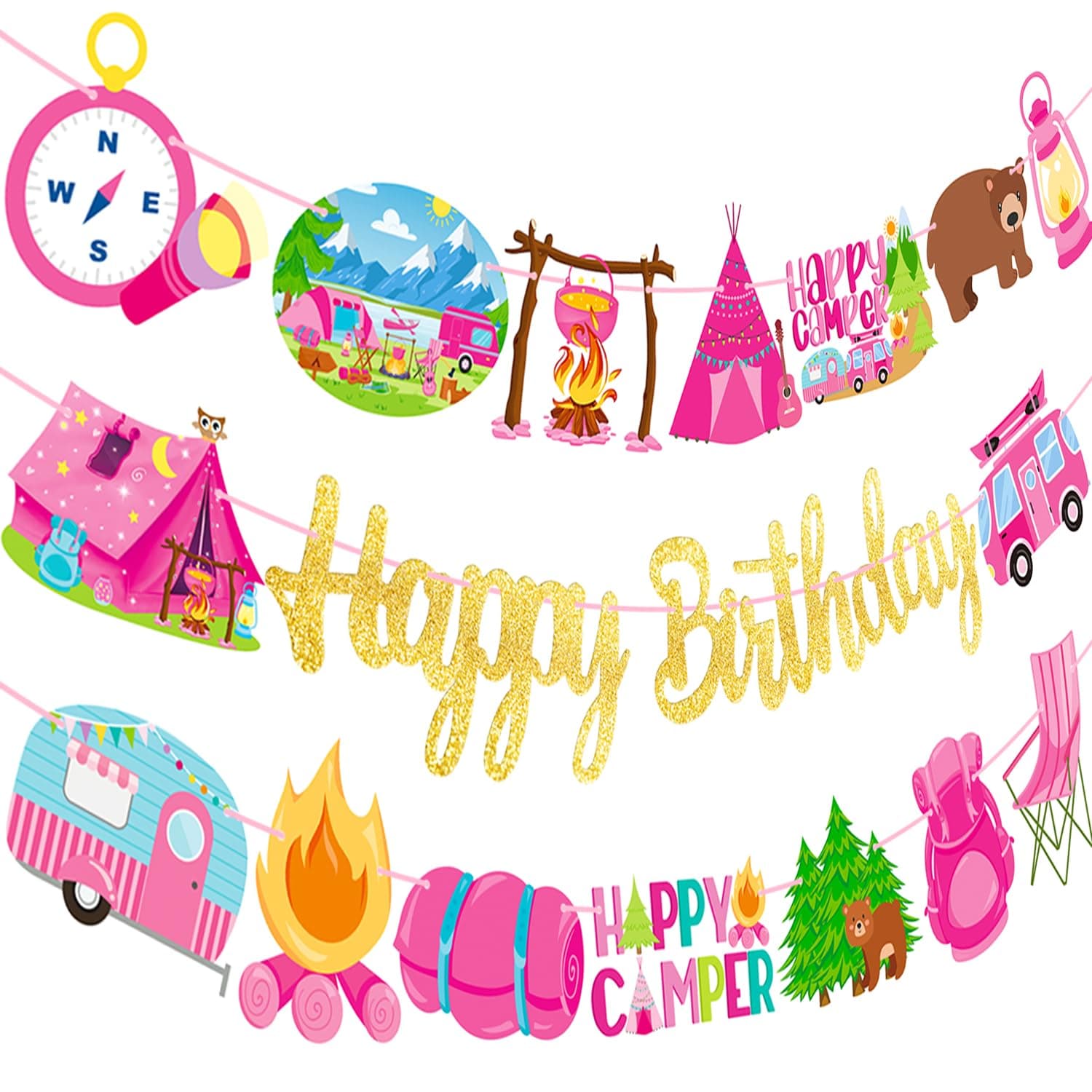 Camping Birthday Party Banners - Set of 3 Happy Camper Theme Decorations