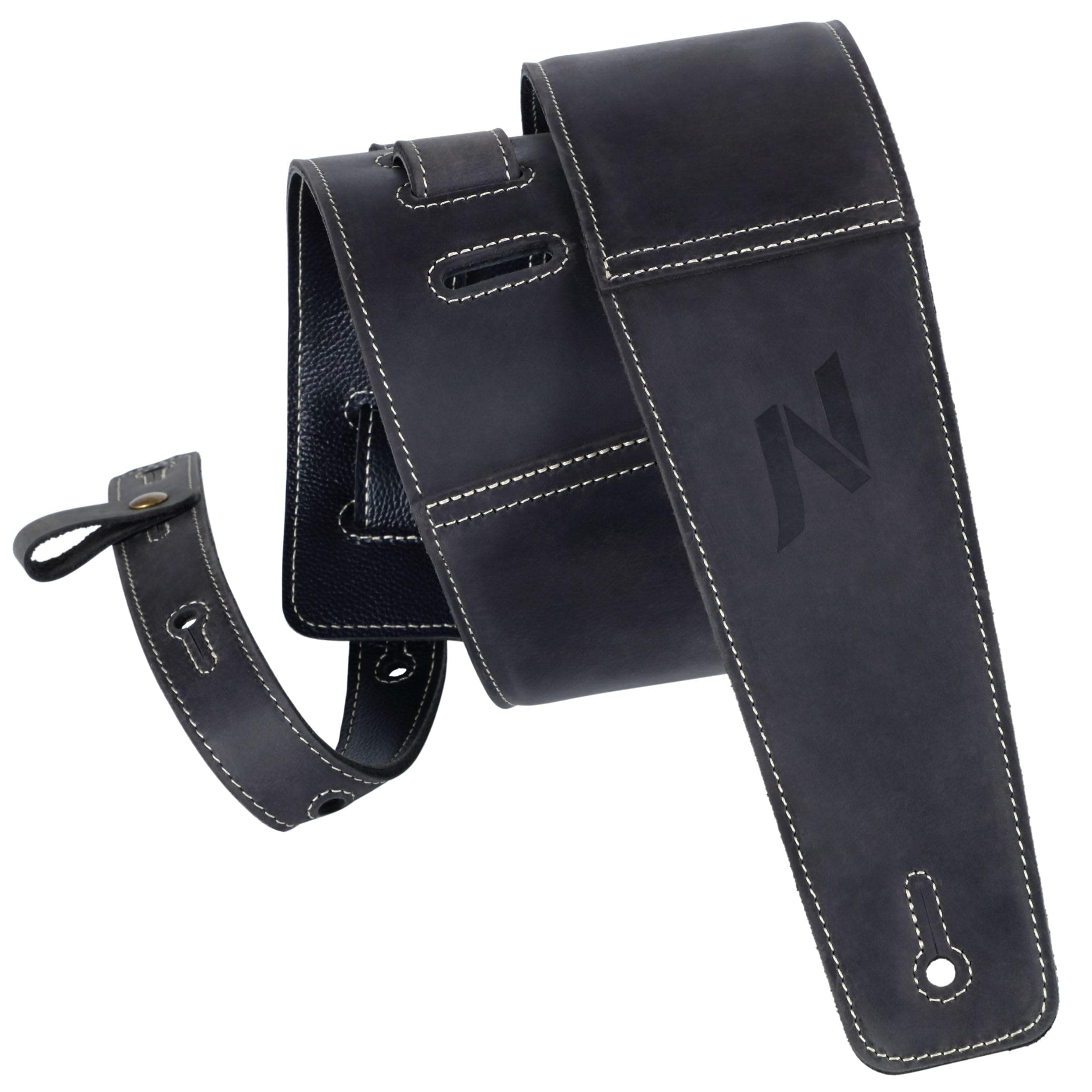 Aged Black Nefelibata 3" Leather Guitar Strap for Bass, Electric & Acoustic with Foam Padding and Cable Loops