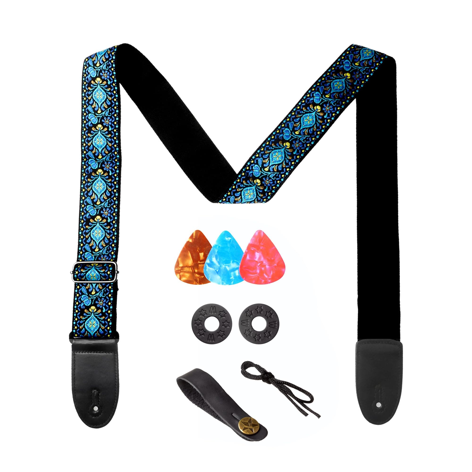 AZOR Vintage Woven Guitar Strap for Acoustic Electric Bass, Adjustable with Leather Ends & Strap Locks