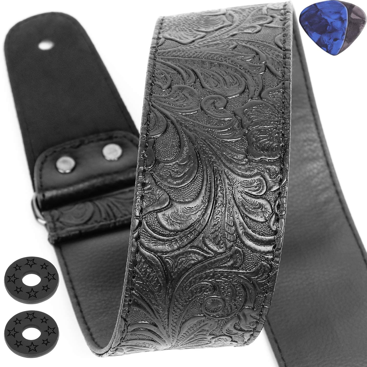 Vintage Black Leather Guitar Strap - PU Western 60's Retro, Genuine Ends, Bass Compatible