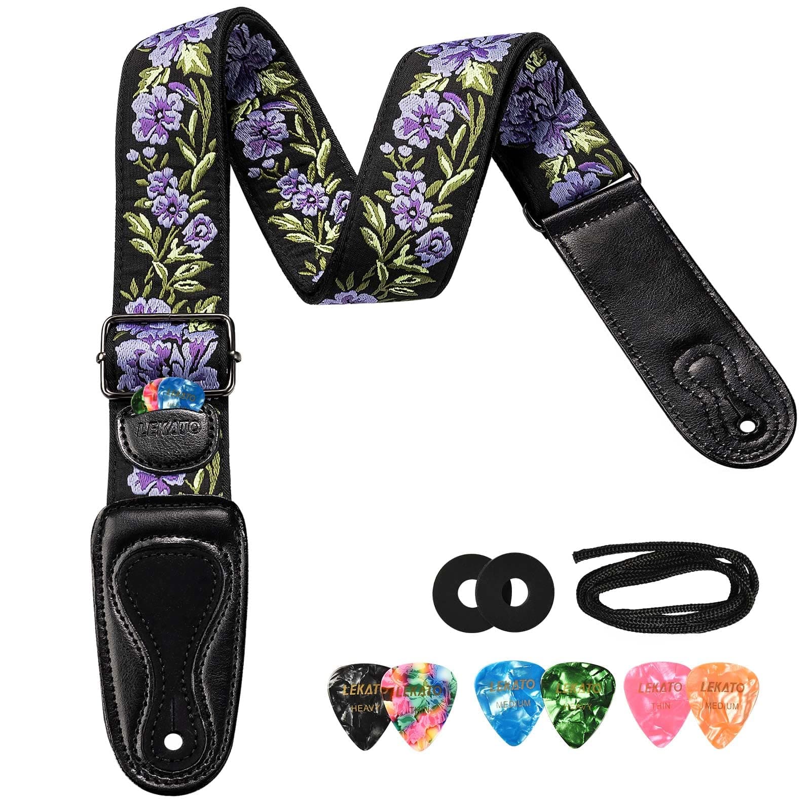 LEKATO Artistic Flower Bass Strap for Electric & Acoustic Guitars with Pick Holder