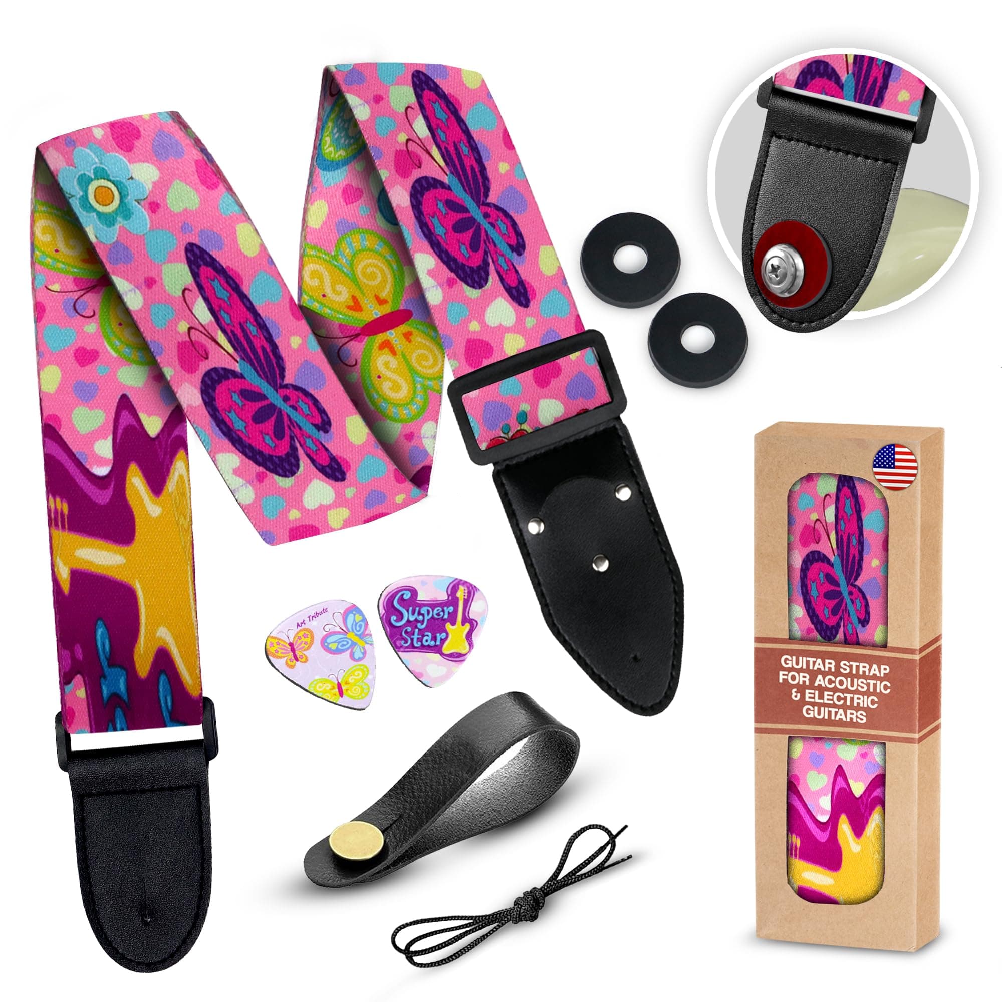 Adjustable Pink Woven Guitar Strap for Acoustic, Electric & Bass Guitars Free Bonus Picks & Locks