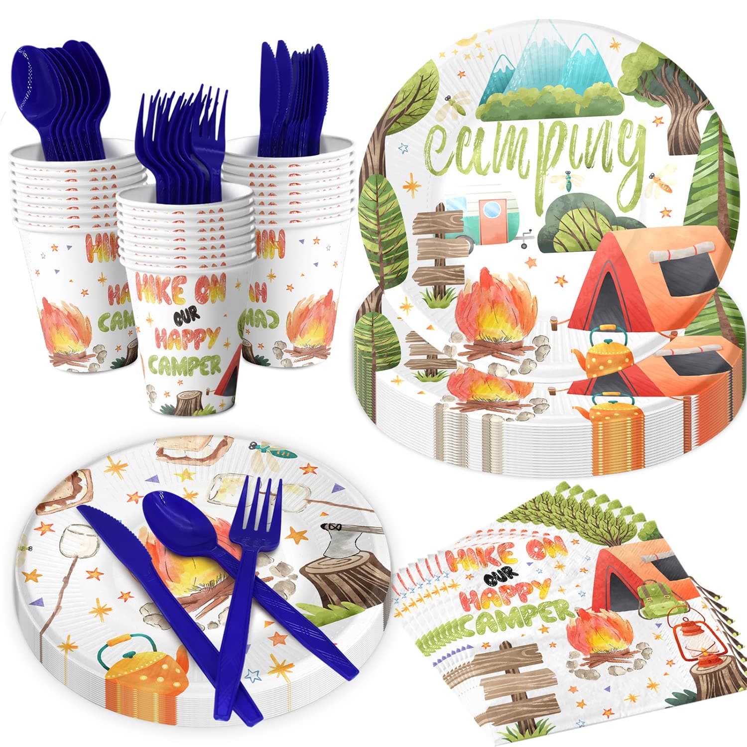 Campfire Themed Party Plates, Napkins, Cups & Utensils for Kids' Birthday, Serves 20 Guests