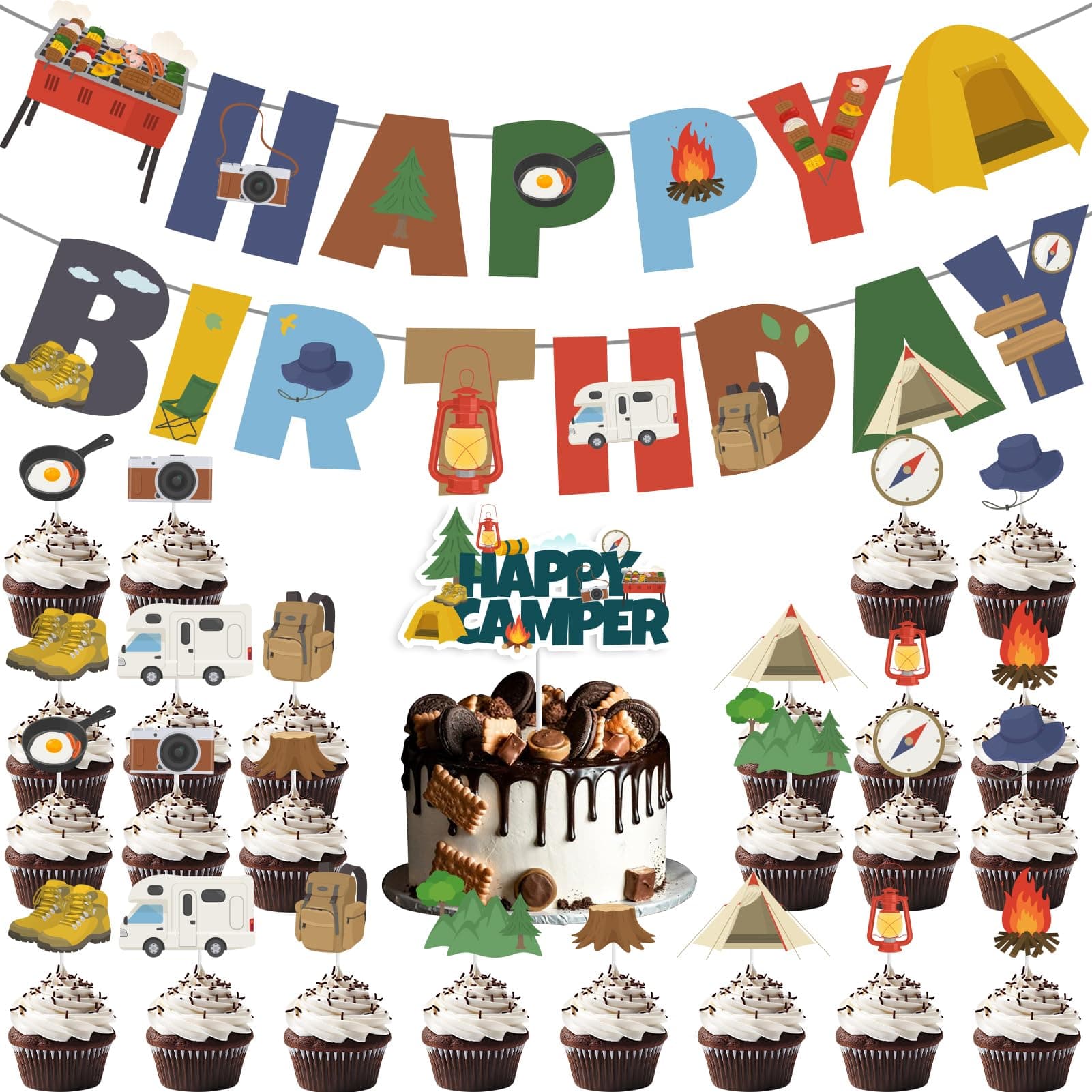 Camping Birthday Banner & Cake Topper Kit - Red, Orange, Brown, Green, Blue - 26 Pieces