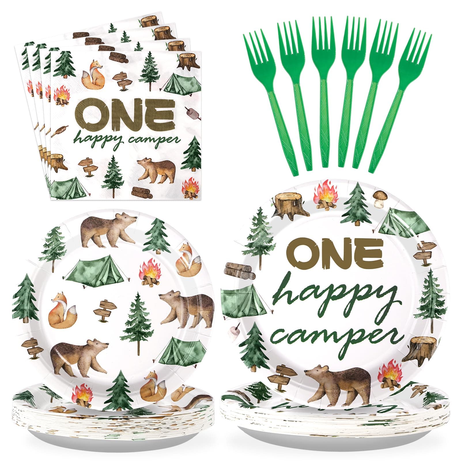 One Happy Camper Camping Birthday Party Decor & Tableware Set