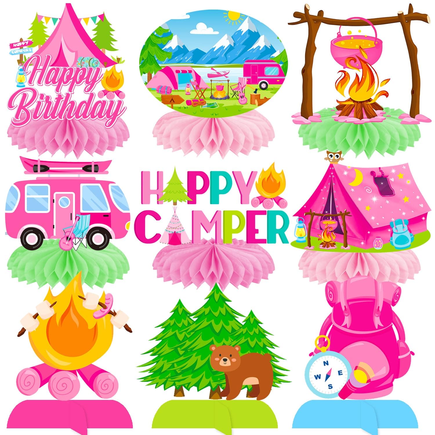 Camping Birthday Honeycomb Centerpieces for Happy Camper Parties Supplies
