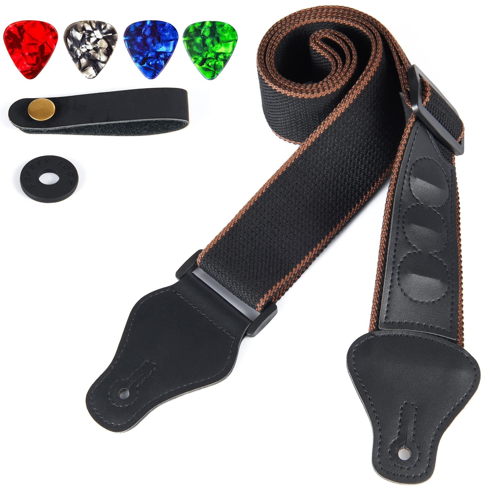 WOGOD Acoustic Electric & Bass Guitar Strap with 3 Picks Holder Ends