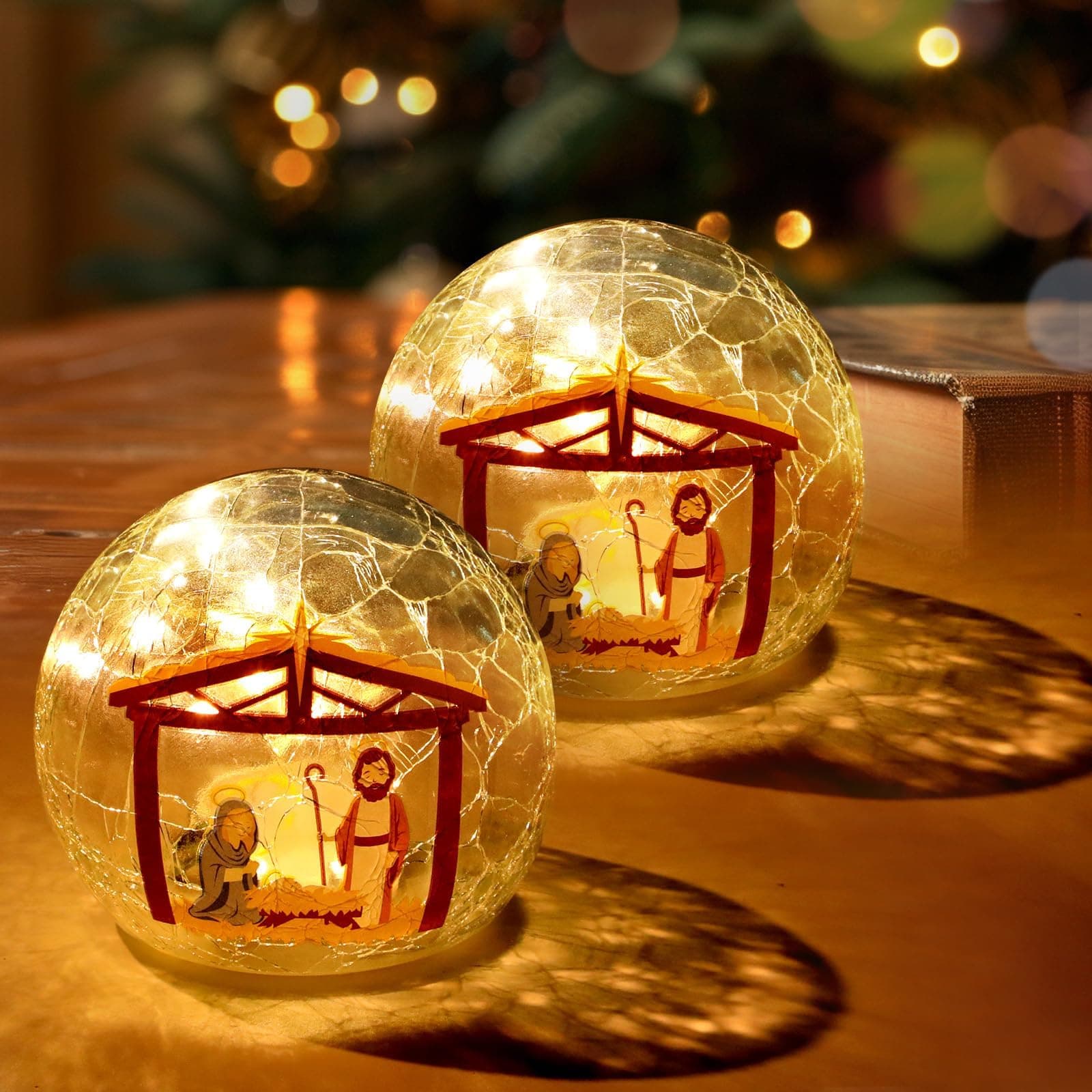 Glass Ball Christmas Decorations with LED Lights and Timer for Home Decor - 2PC