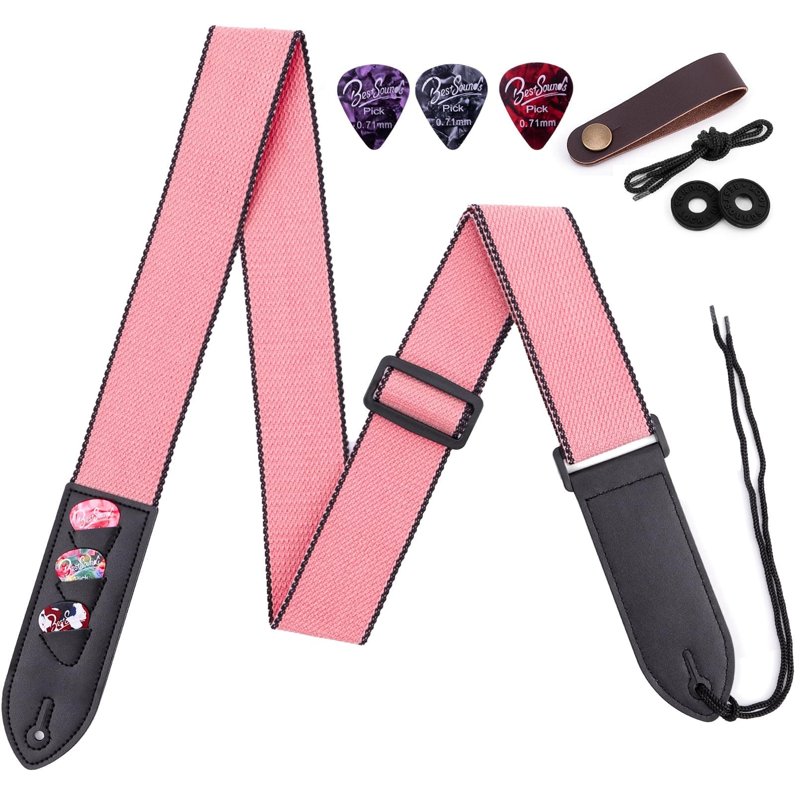 BestSounds Acoustic Electric Guitar Strap with Leather Neck Strap, 3 Picks & Button Blocks