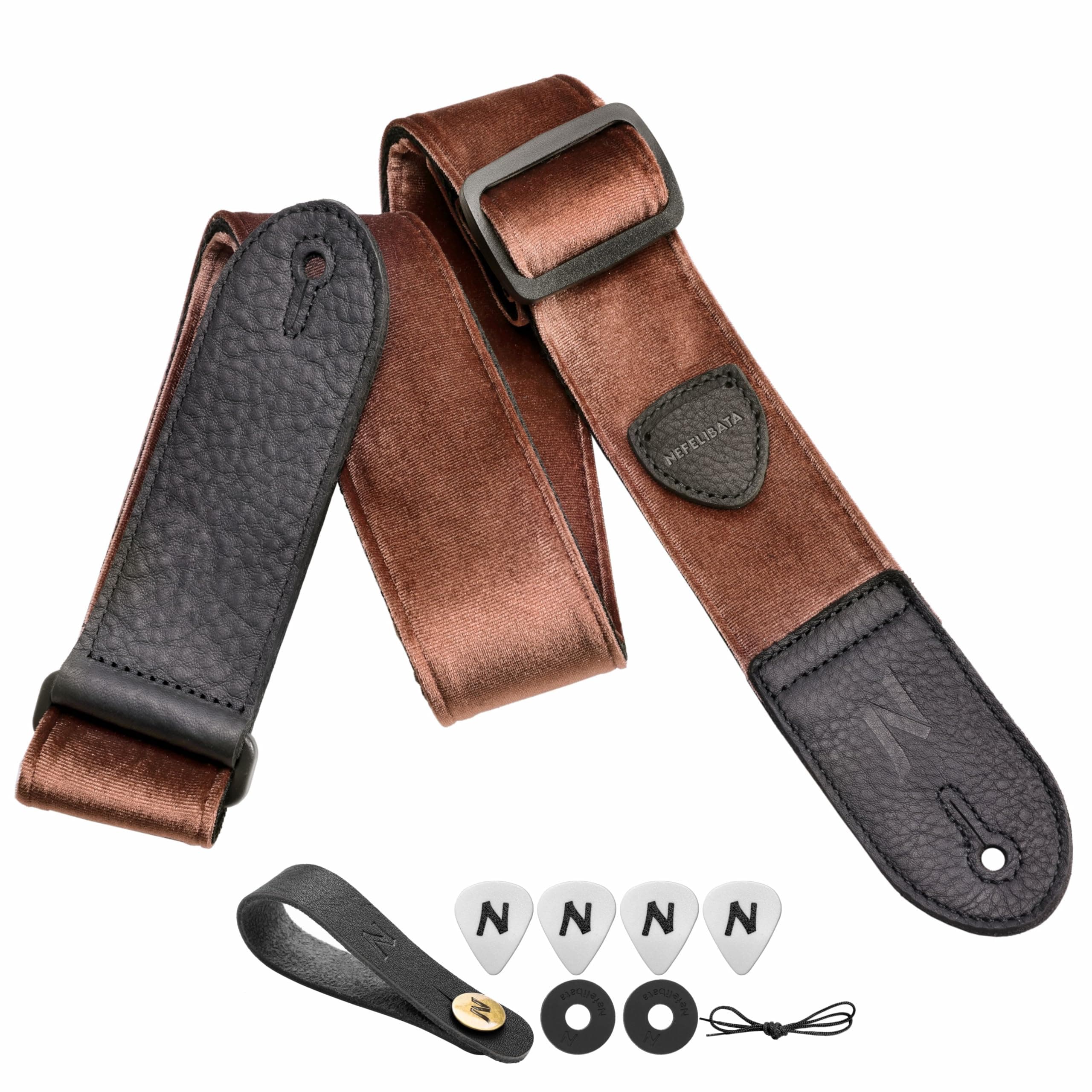 Vintage Coffee Brown Guitar Strap with Free Bonus Items for Bass, Electric, and Acoustic Guitarists