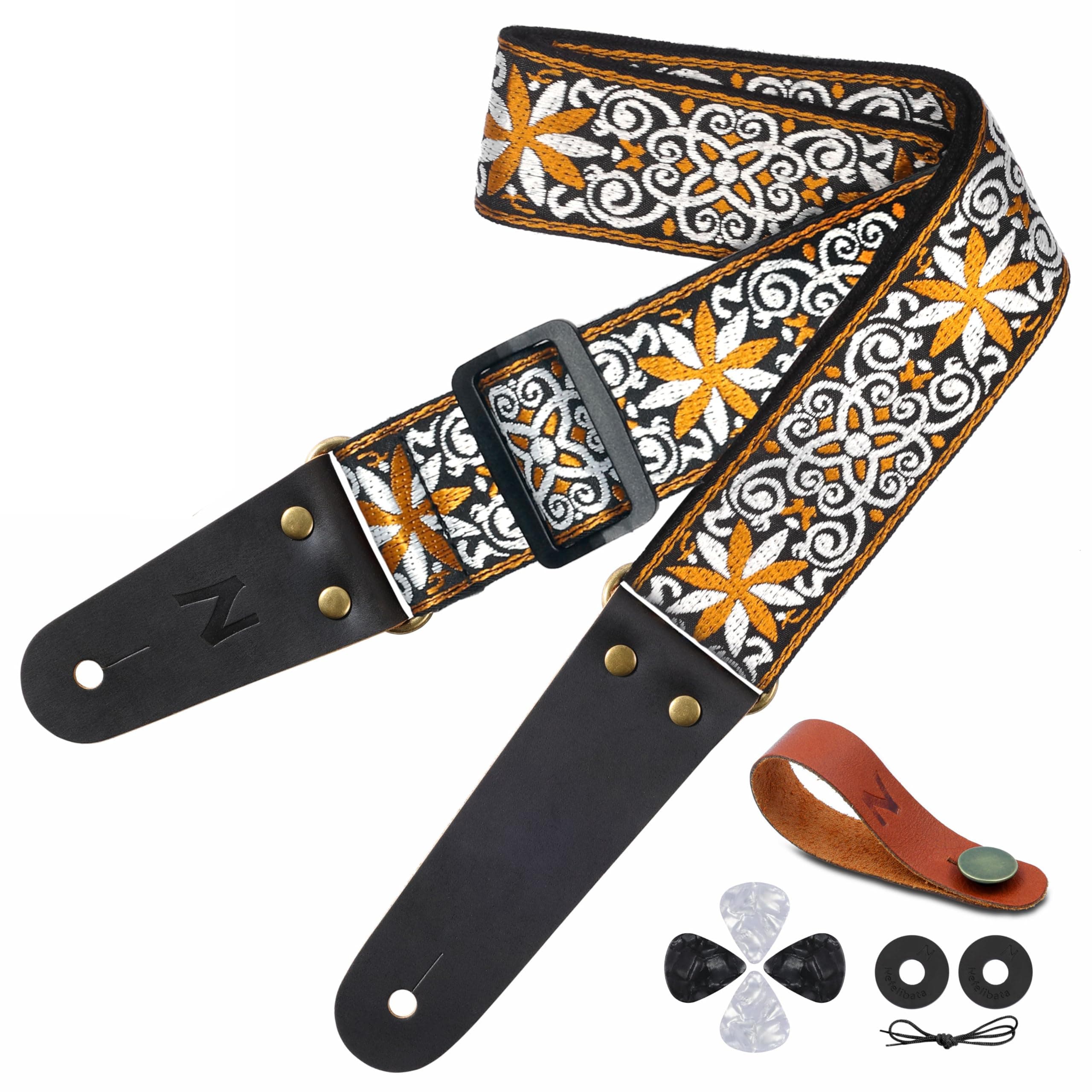 Embroidered Cotton Guitar Strap Set for Bass, Electric & Acoustic Guitars