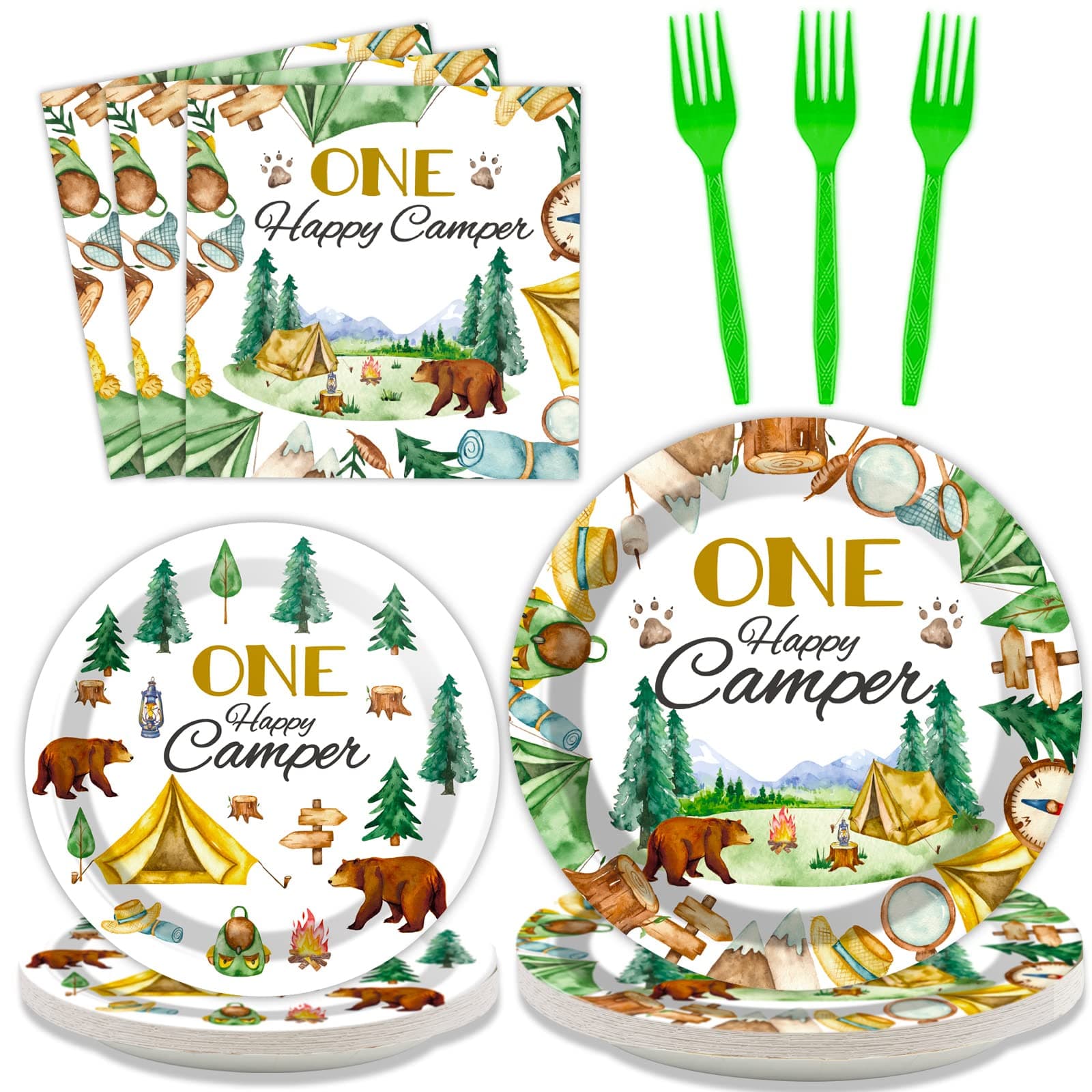 Tevxj One Happy Camper 96PCS Tableware Set for 1st Birthday Party