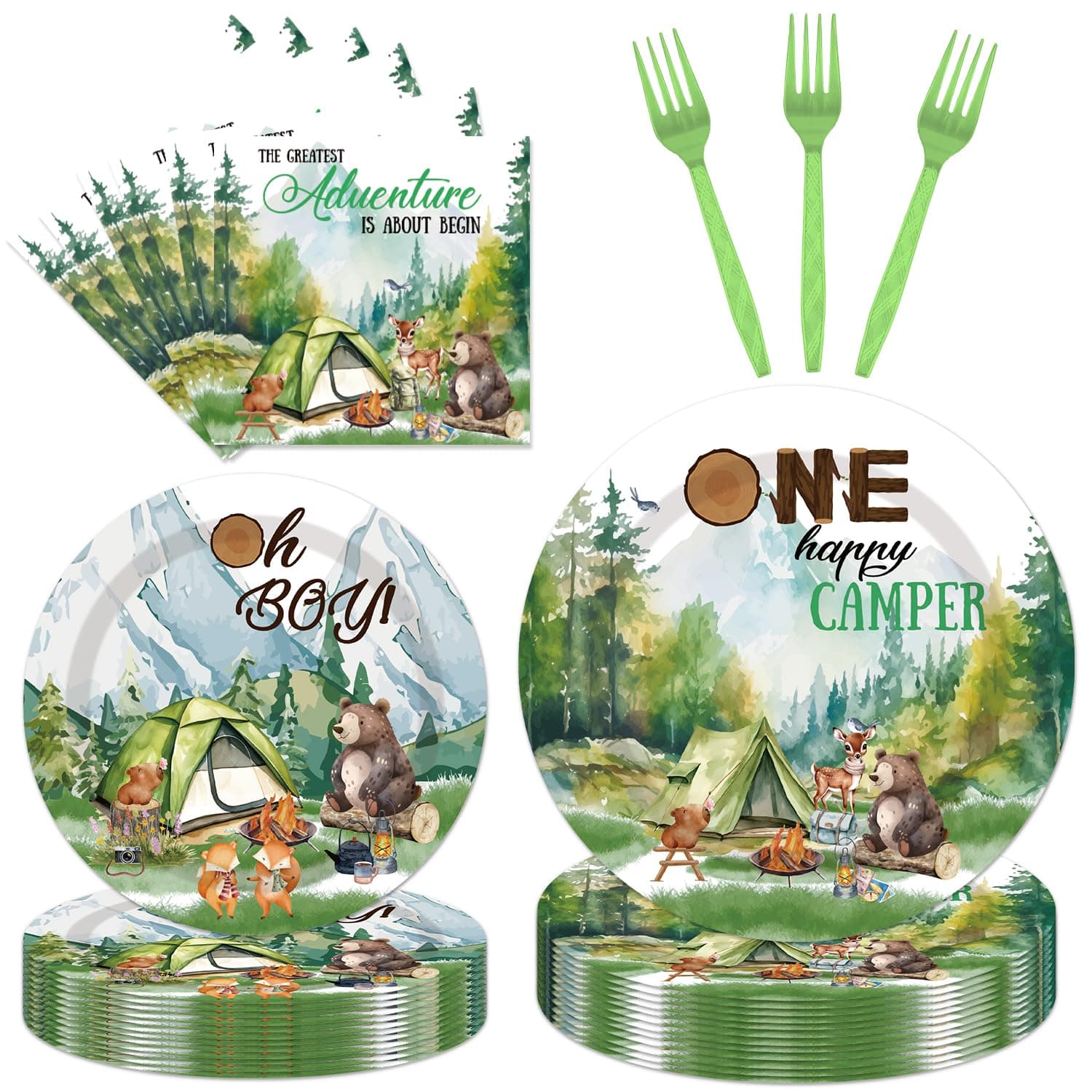 One Happy Camper 1st Birthday Decorations - 96PCS Plates & Napkins Set
