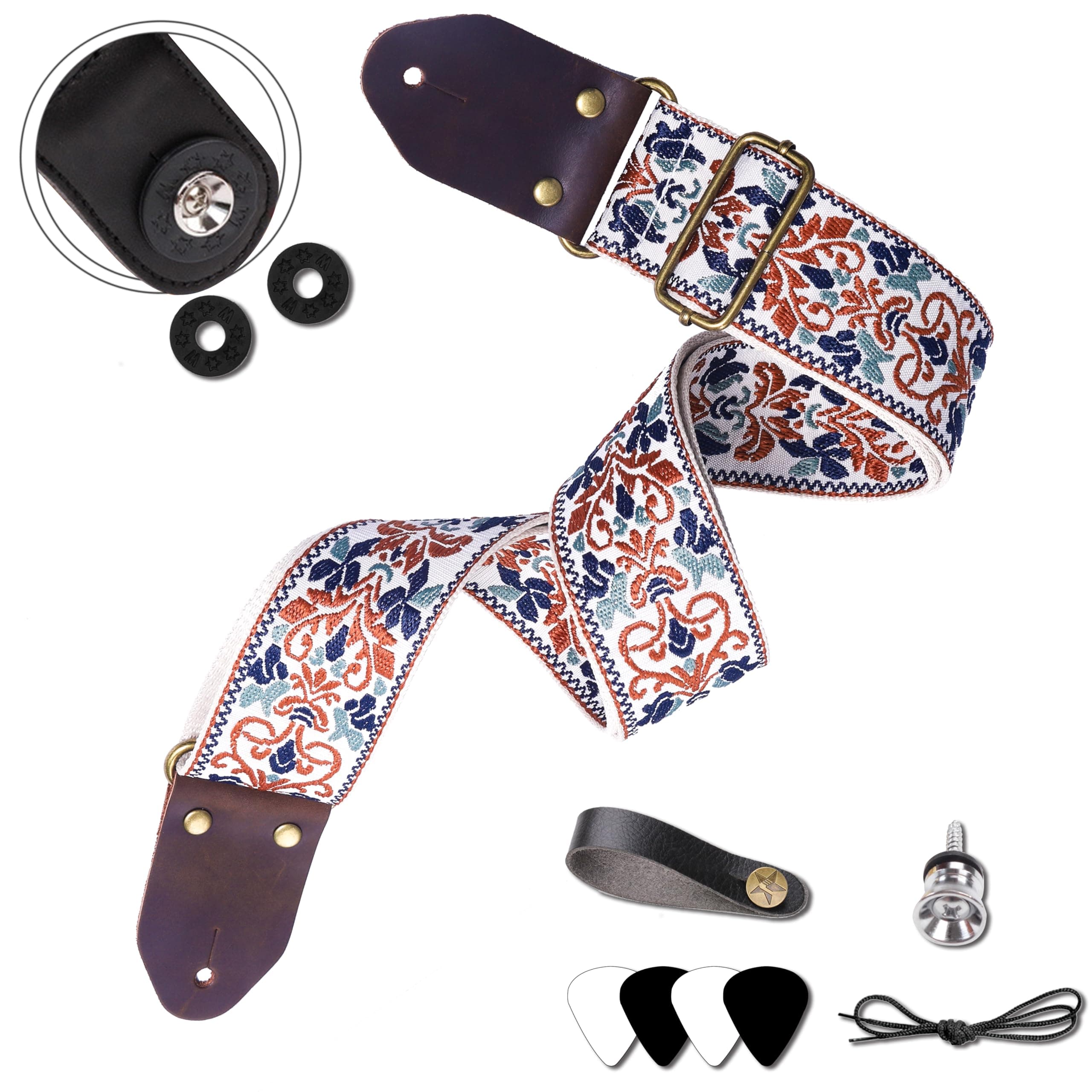 Embroidered Cotton Guitar Strap with Leather Ends for Bass and Electric Guitar