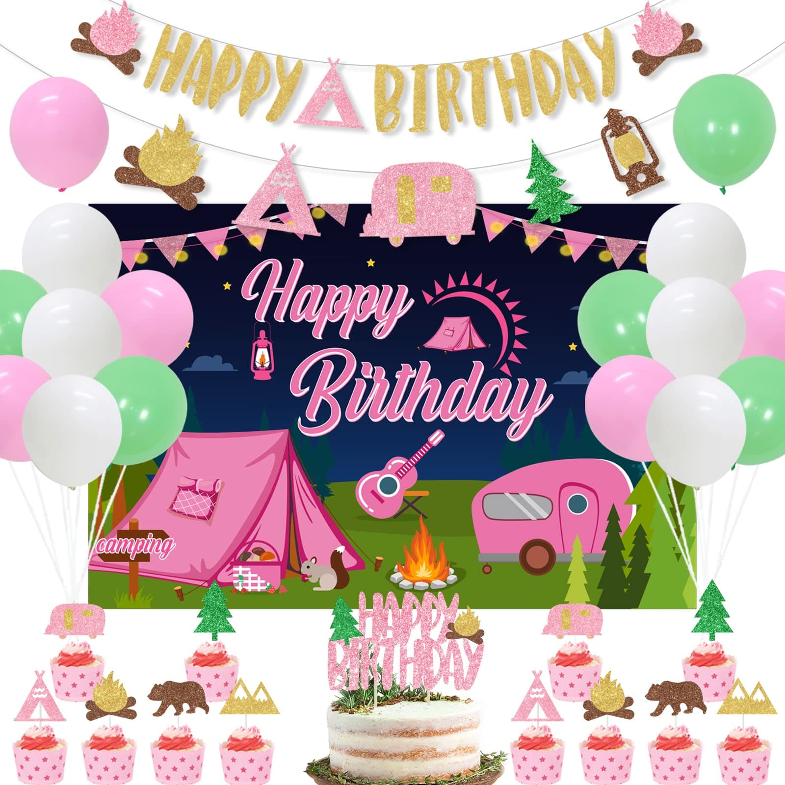 Happy Birthday Camping Party Decorations - Pink Banner & Backdrop, Cake Topper, Garland & Cupcake Topper