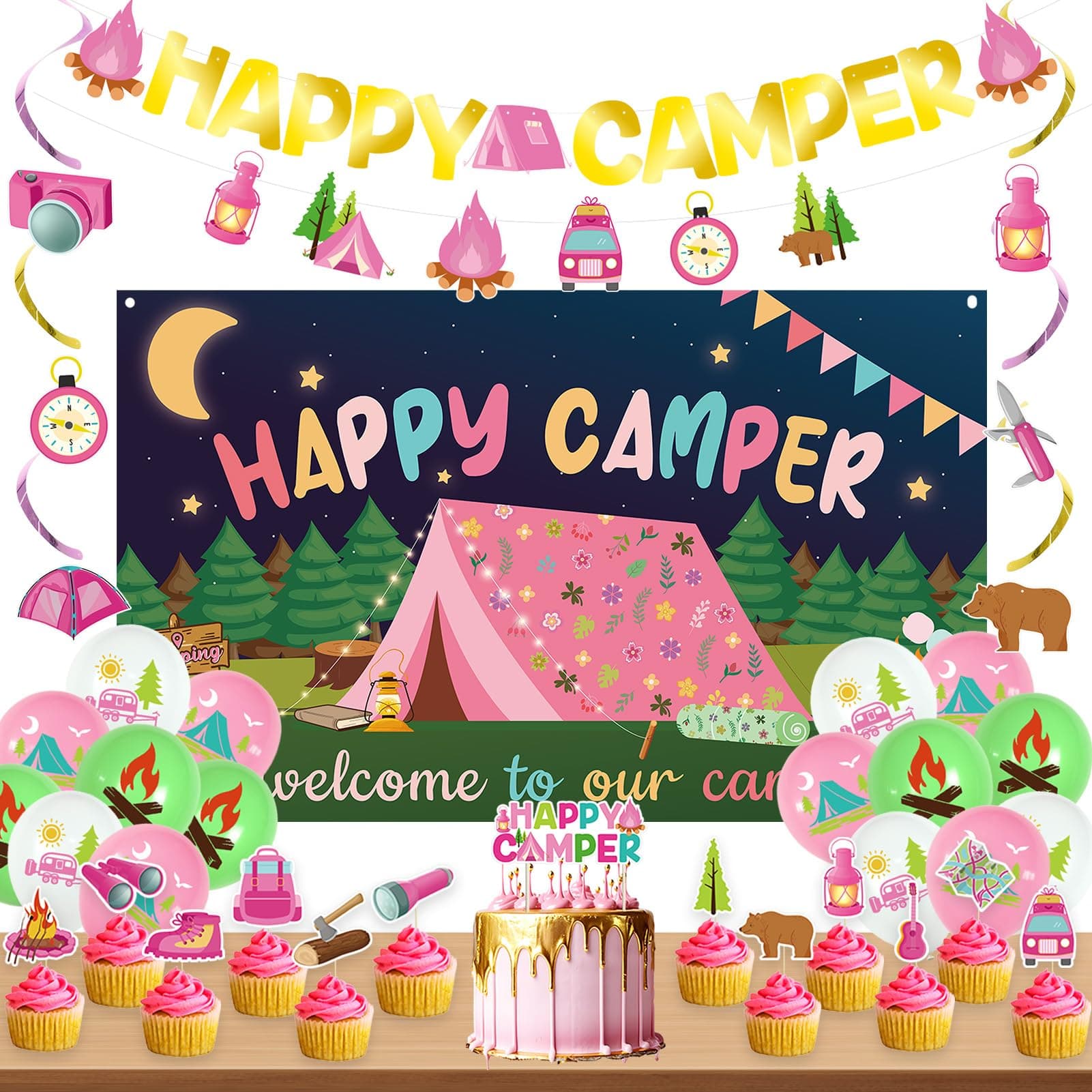 Roetyce Camping Party Decorations: Pink Happy Camper Banner Balloons Kit