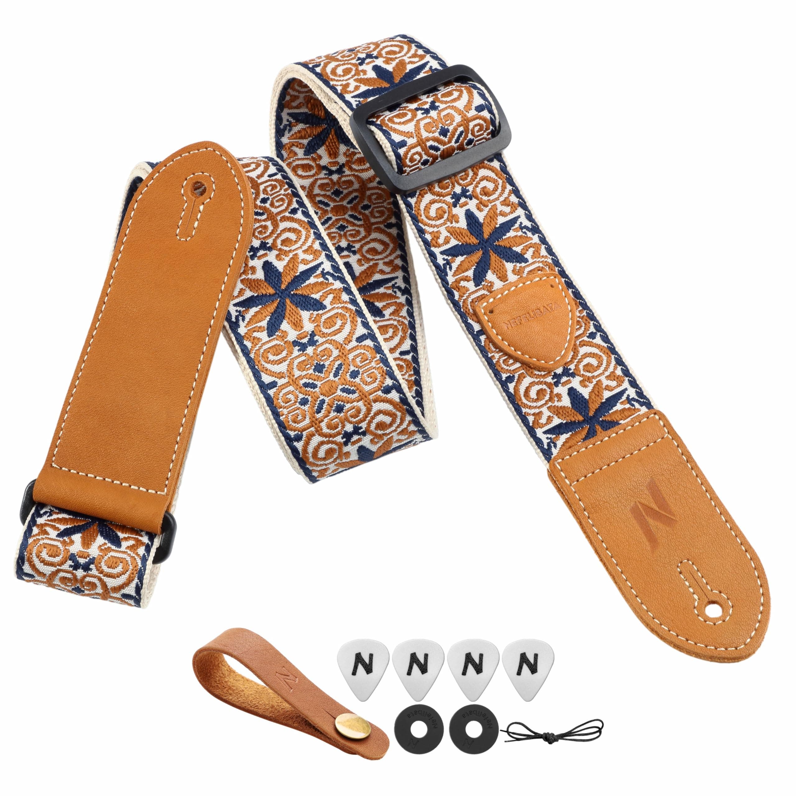 Nefelibata Vintage Woven Guitar Strap, Double Leather Ends, Vintage Blue Gold Embroidery-Free Bonusurities