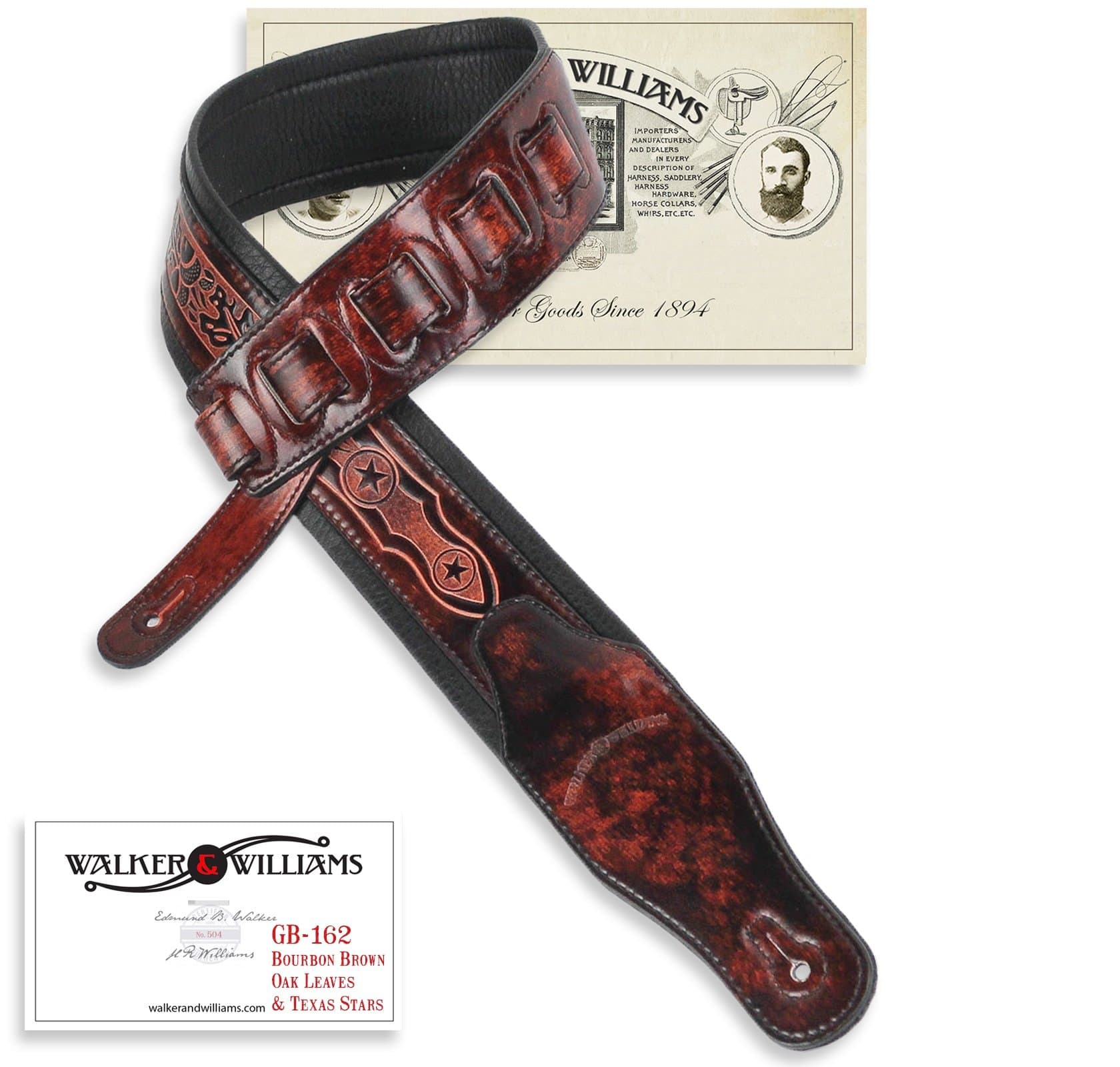 Bourbon Brown Padded Guitar Strap with Oak Leaves & Texas Star by Walker & Williams