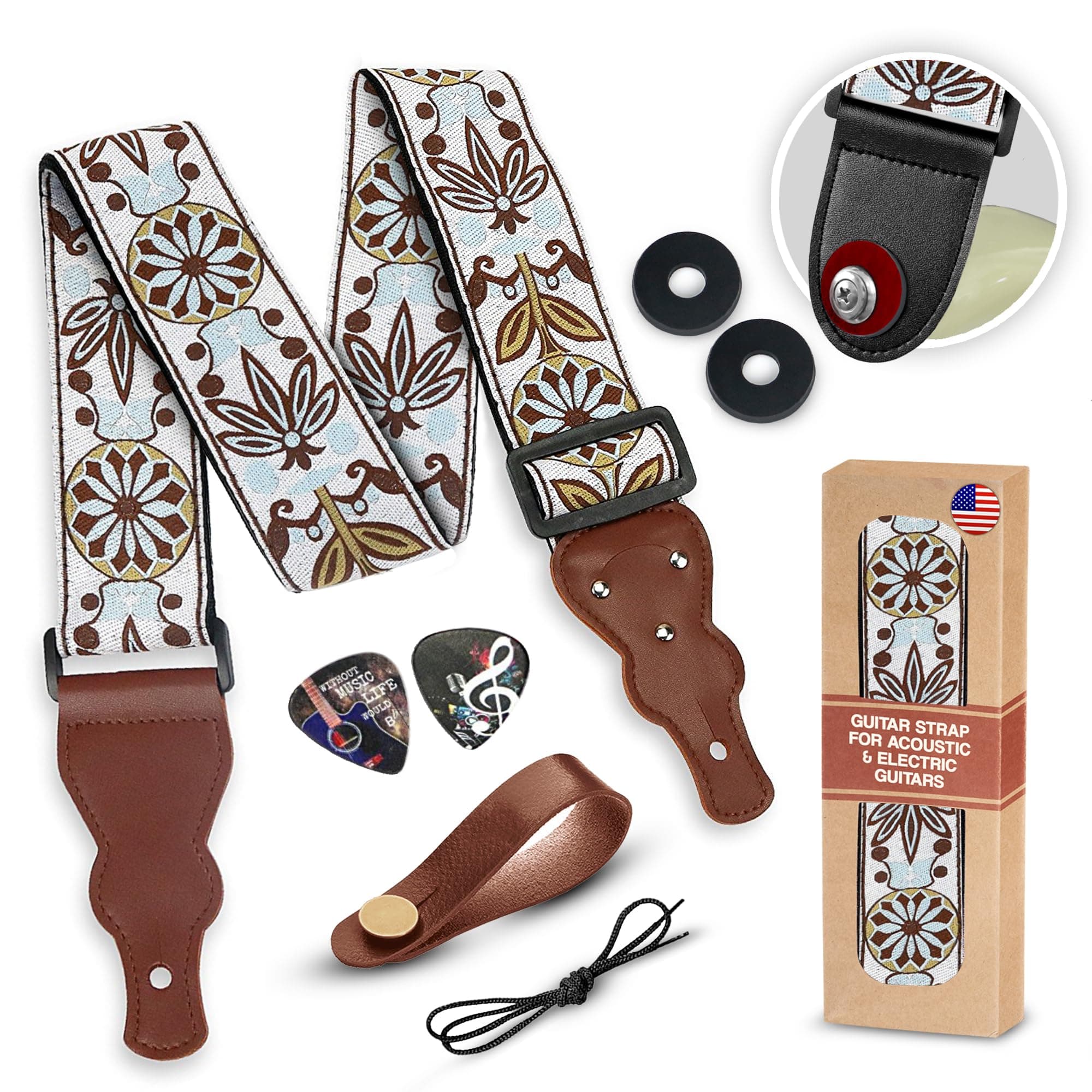 Vintage Woven Embroidered Guitar Strap - White,Adjustable for Acoustic, Electric & Bass Guitars Includes Picks