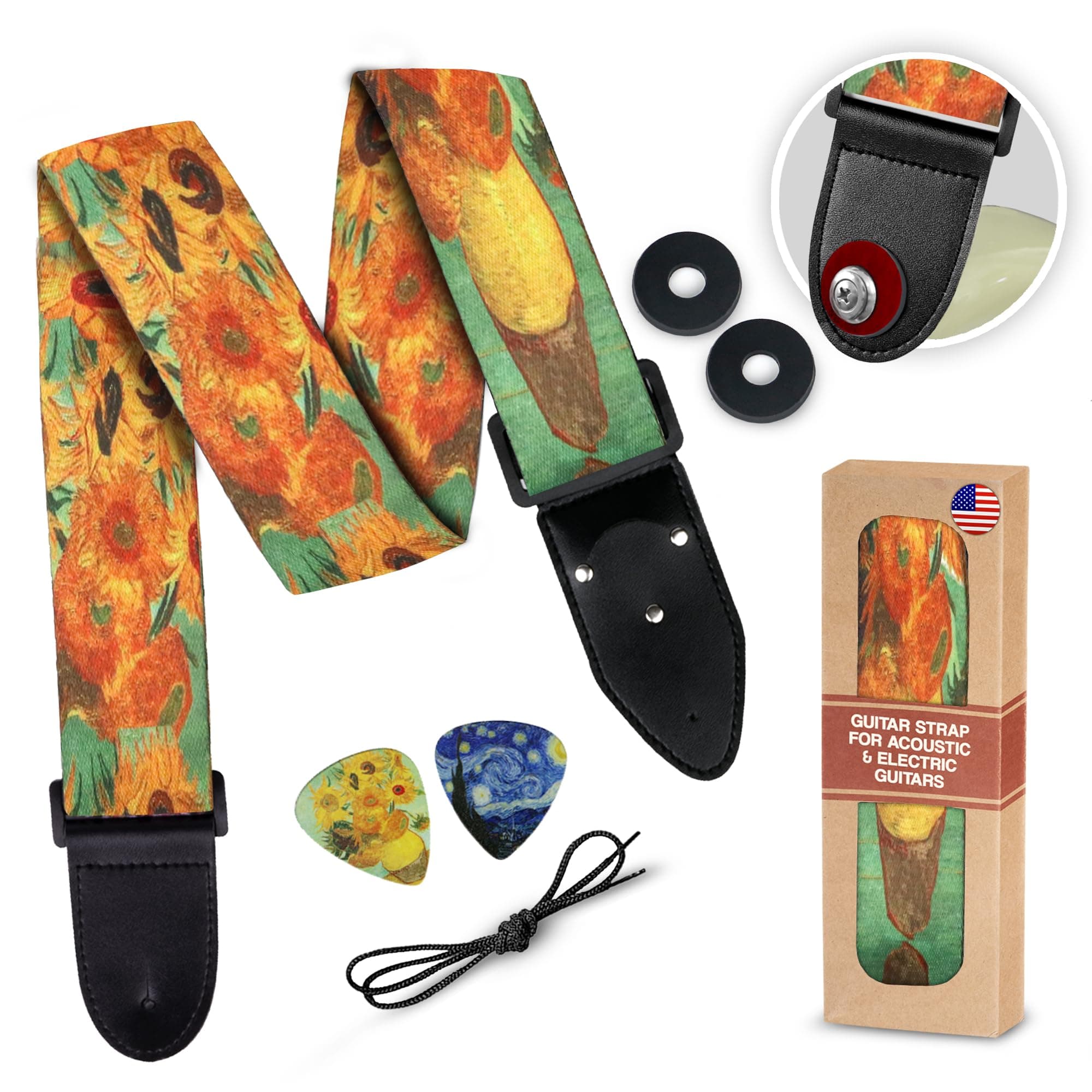 Van Gogh Sunflowers Guitar Strap Bundle with 2 Locks & Picks