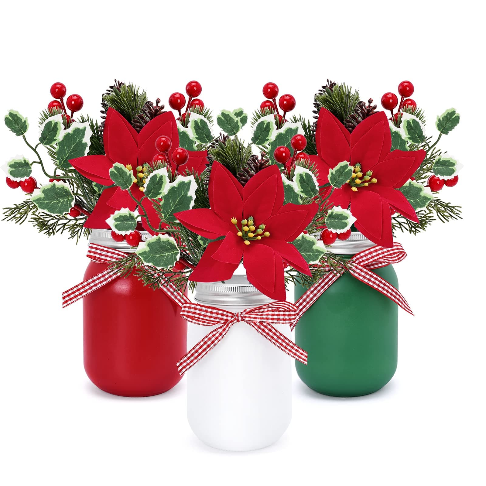 Christmas Mason Jar Centerpiece Set with Faux Poinsettia and Holiday Decor