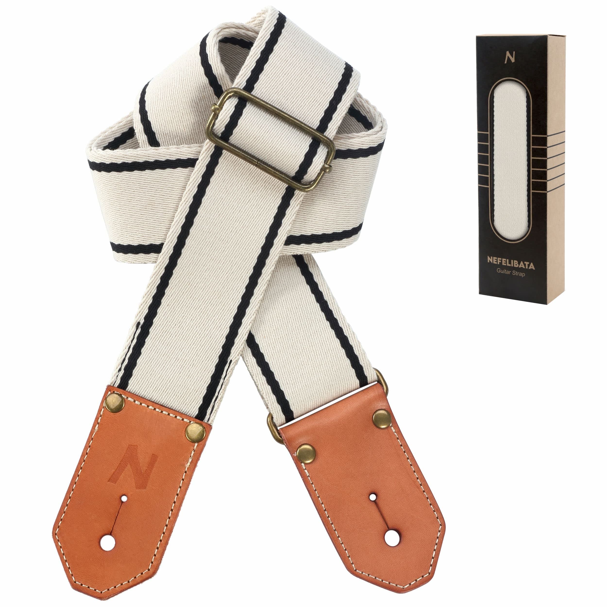 Nefelibata Cool Woven Guitar Strap - Cotton with Thickened Leather Ends (Melk Wit)