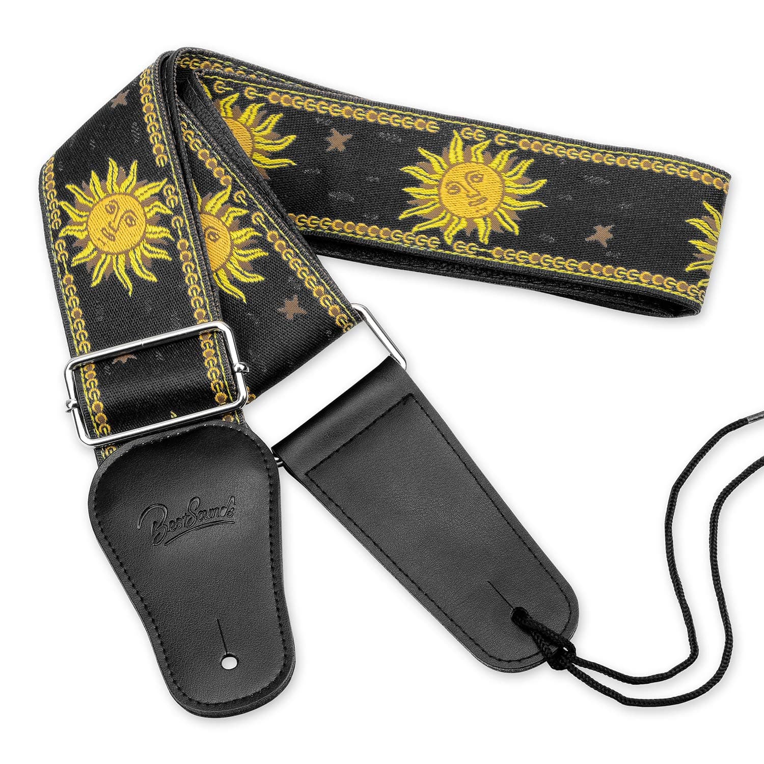 Sun Straps Vintage Embroidered Guitar Strap, Genuine Leather Ends Black