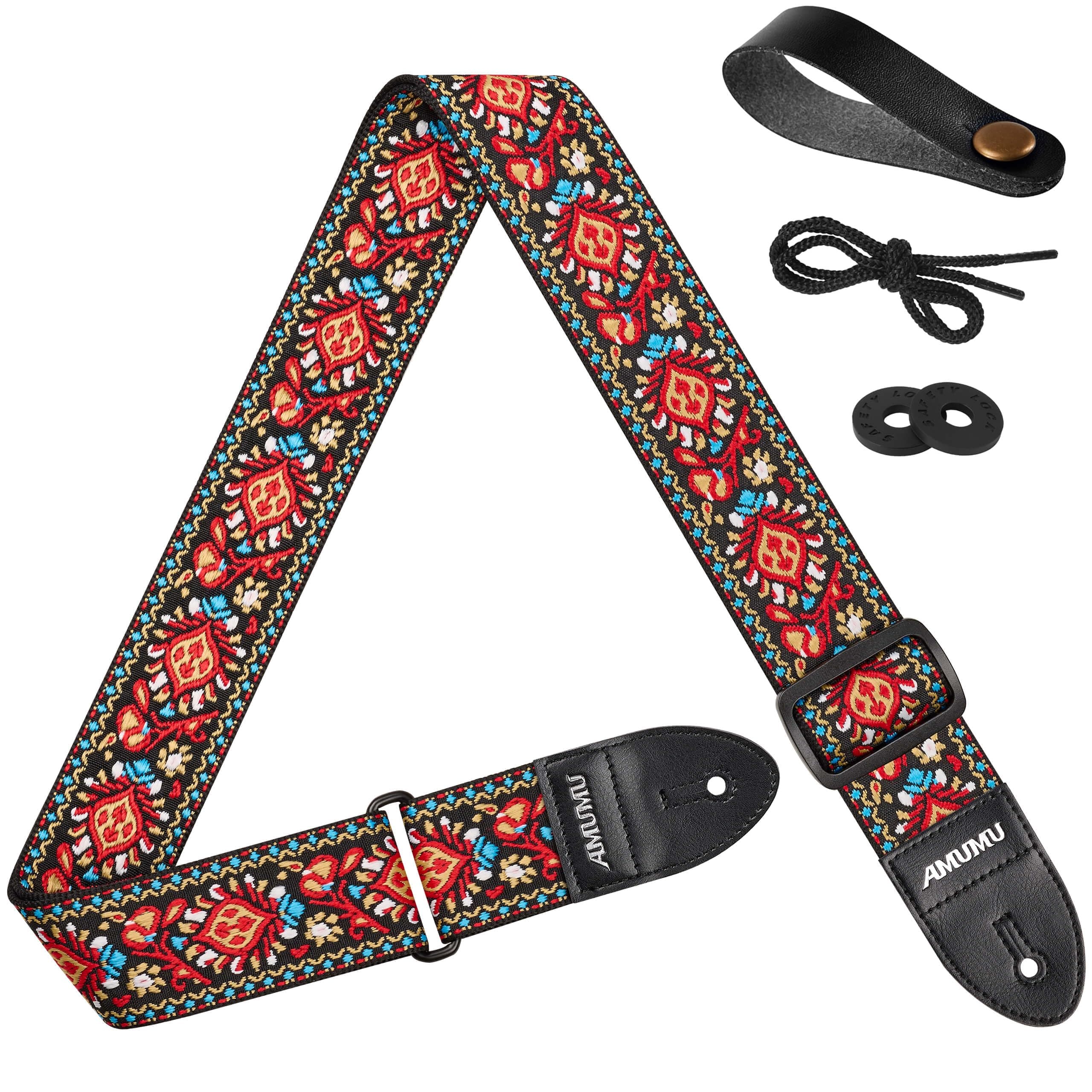 Amumu Red Flower Embroidery Guitar Strap for Acoustic, Electric & Bass - 2" Wide
