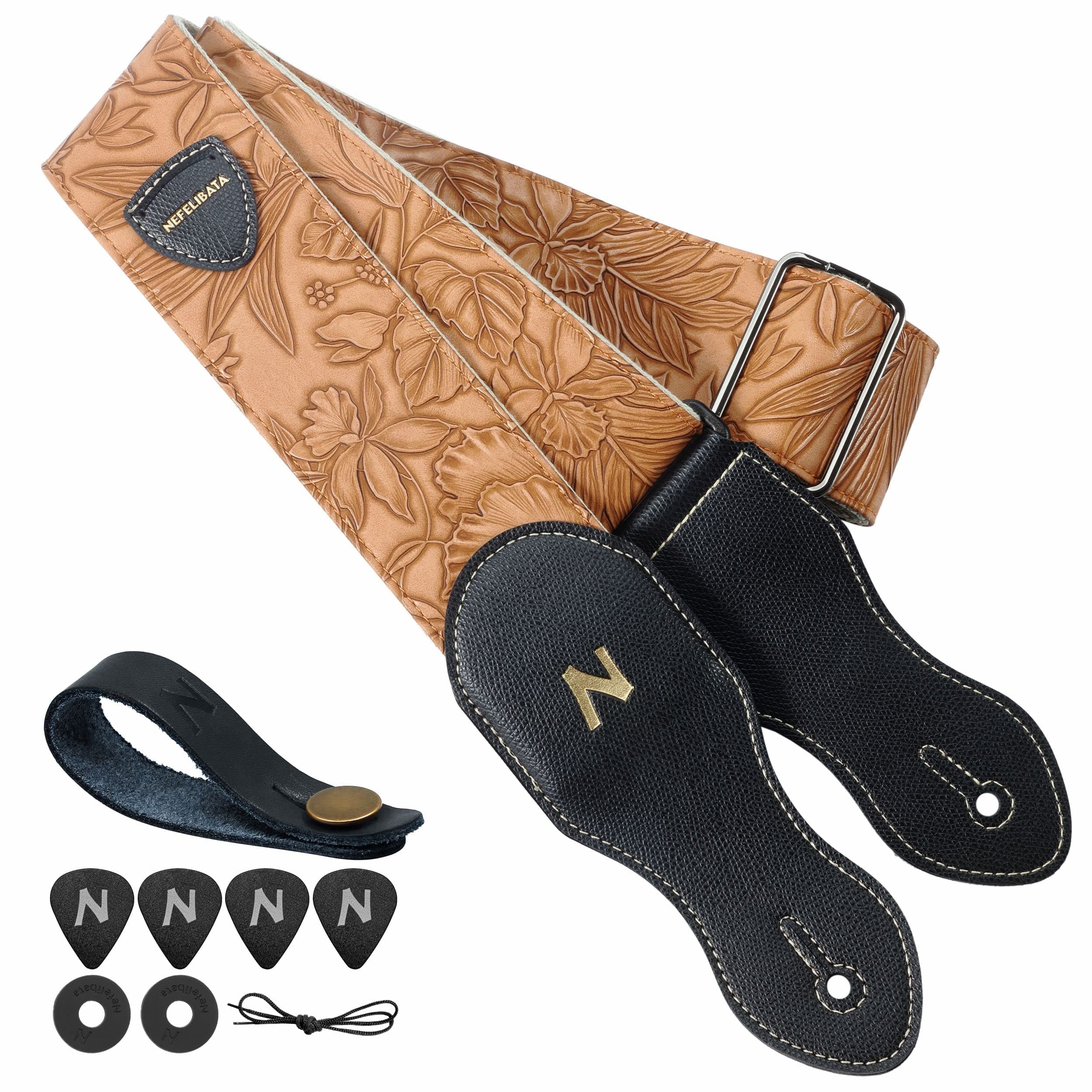 Vintage Style Leather Guitar Strap with Pick Pocket