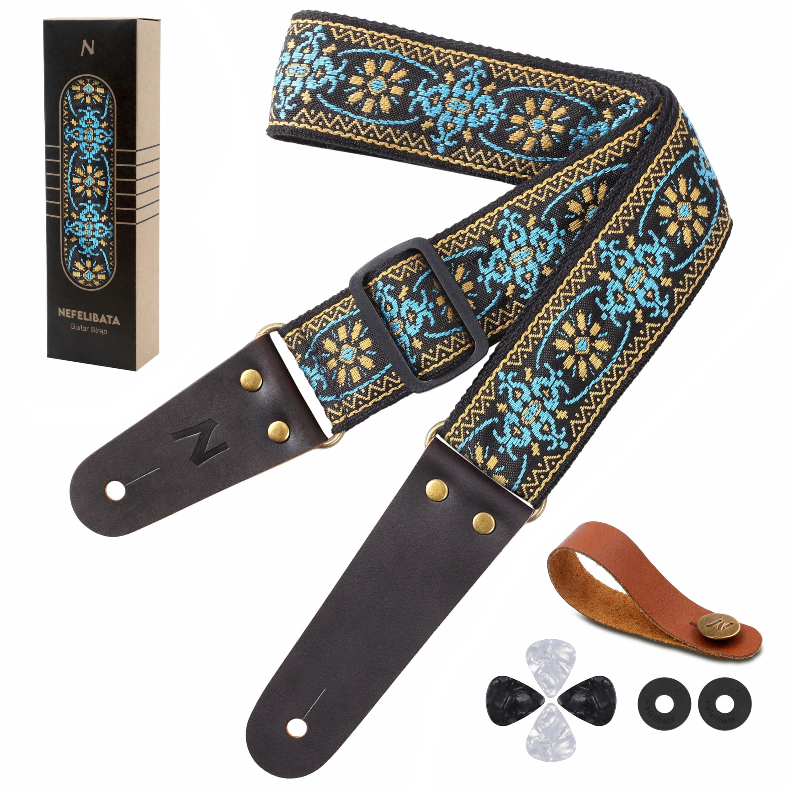 Nefelibata Embroidered Cotton Guitar Strap with Leather Ends, 1 Pair Locks & Picks