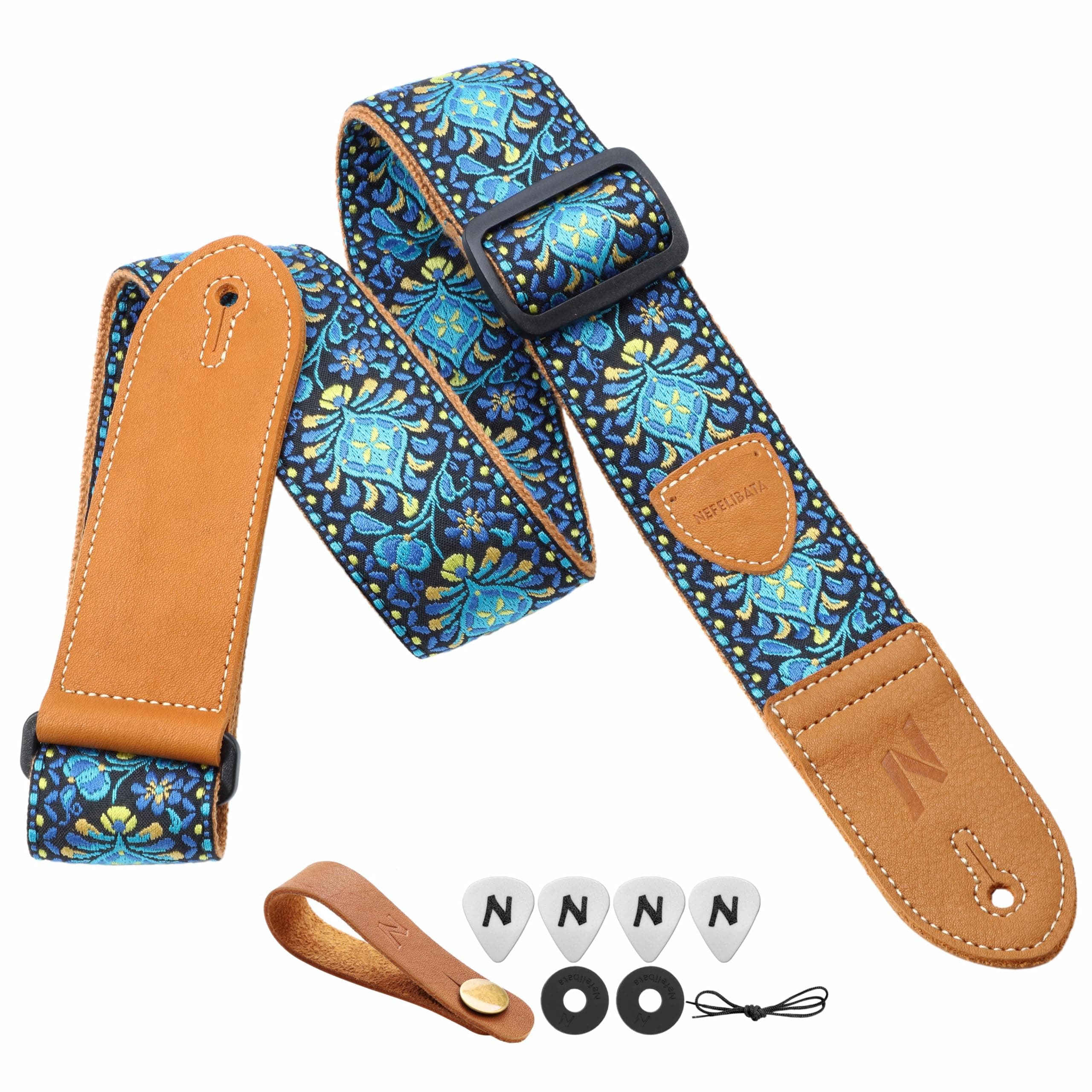 Nefelibata Vintage Woven Guitar Strap with Bonus Picks & Locks,Vintage Blue Yellow Embroidery