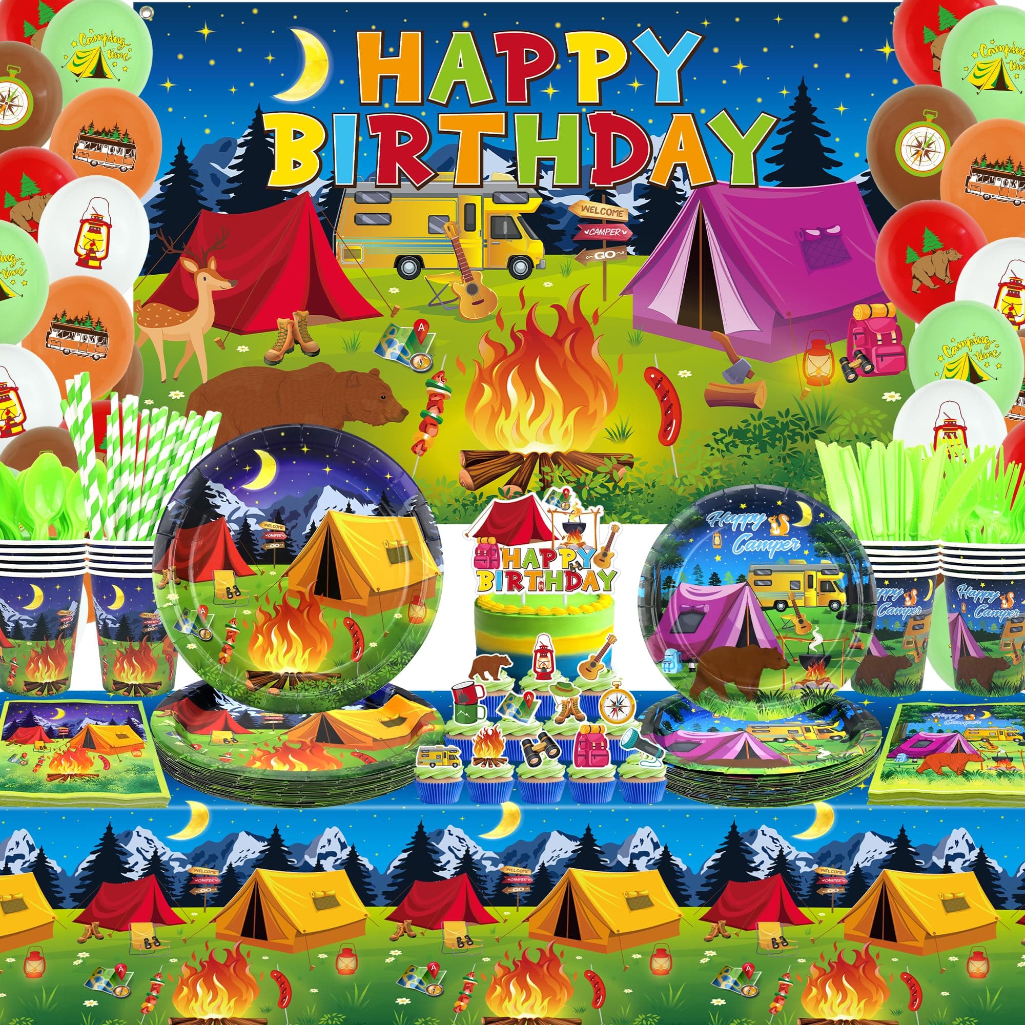 Camping Birthday Party Decor - Tableware, Plates, Cups, Napkins, Tablecloth, Backdrop, Balloons, Cake Toppers (backdrop)
