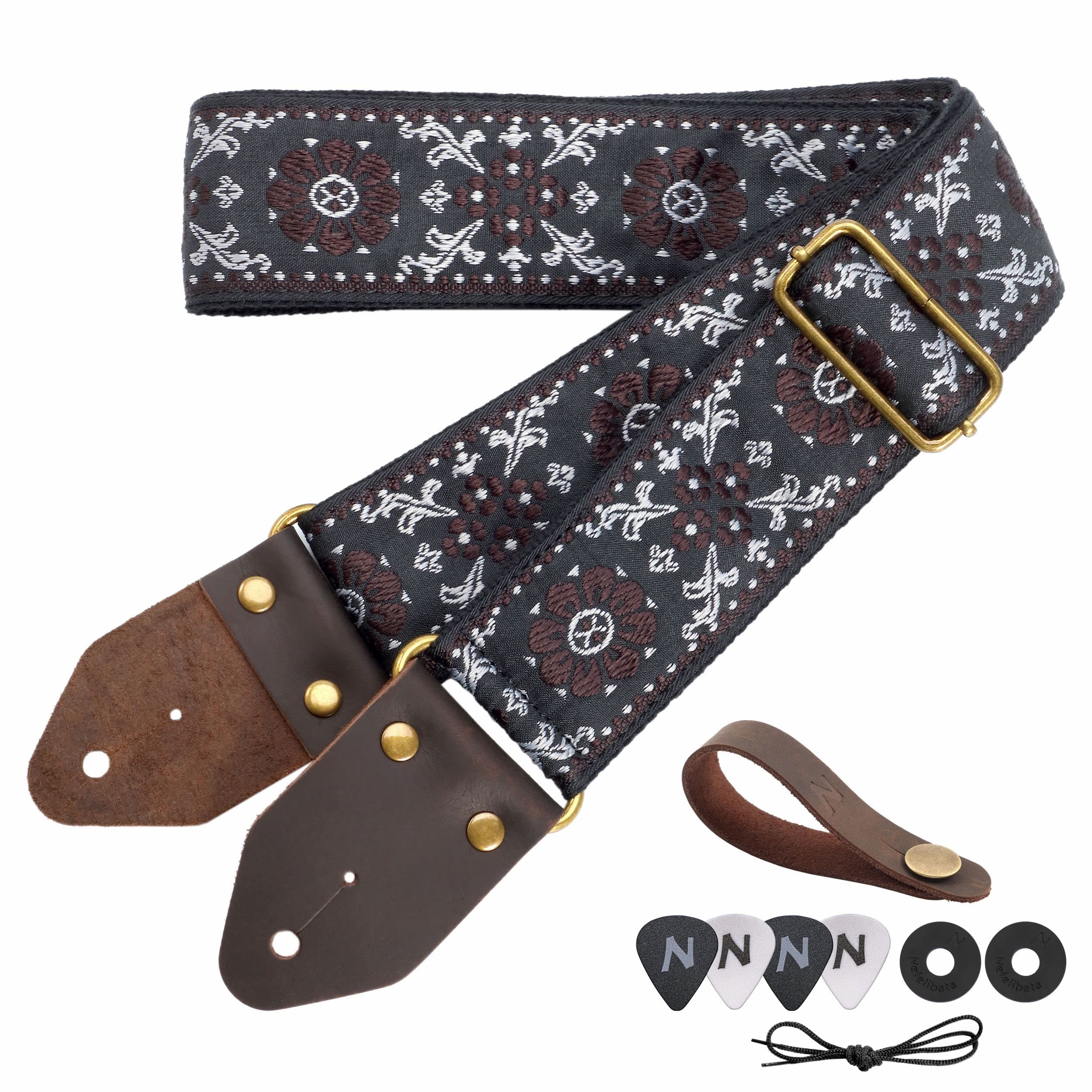 Embroidered Cotton Guitar Strap with Leather Ends - Best Gift for Kids and Guitarists