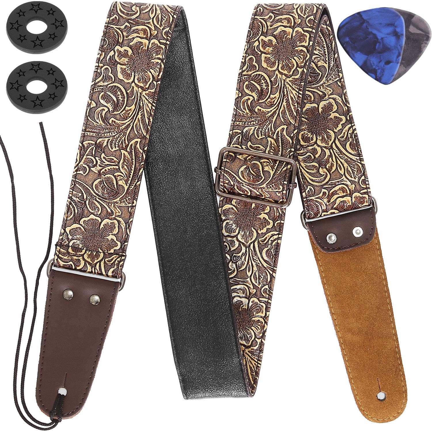 Anwenk Stamped Leather Guitar Strap for Electric Bass, Vintage 60's Style, Genuine Leather Ends, Includes 2 Picks