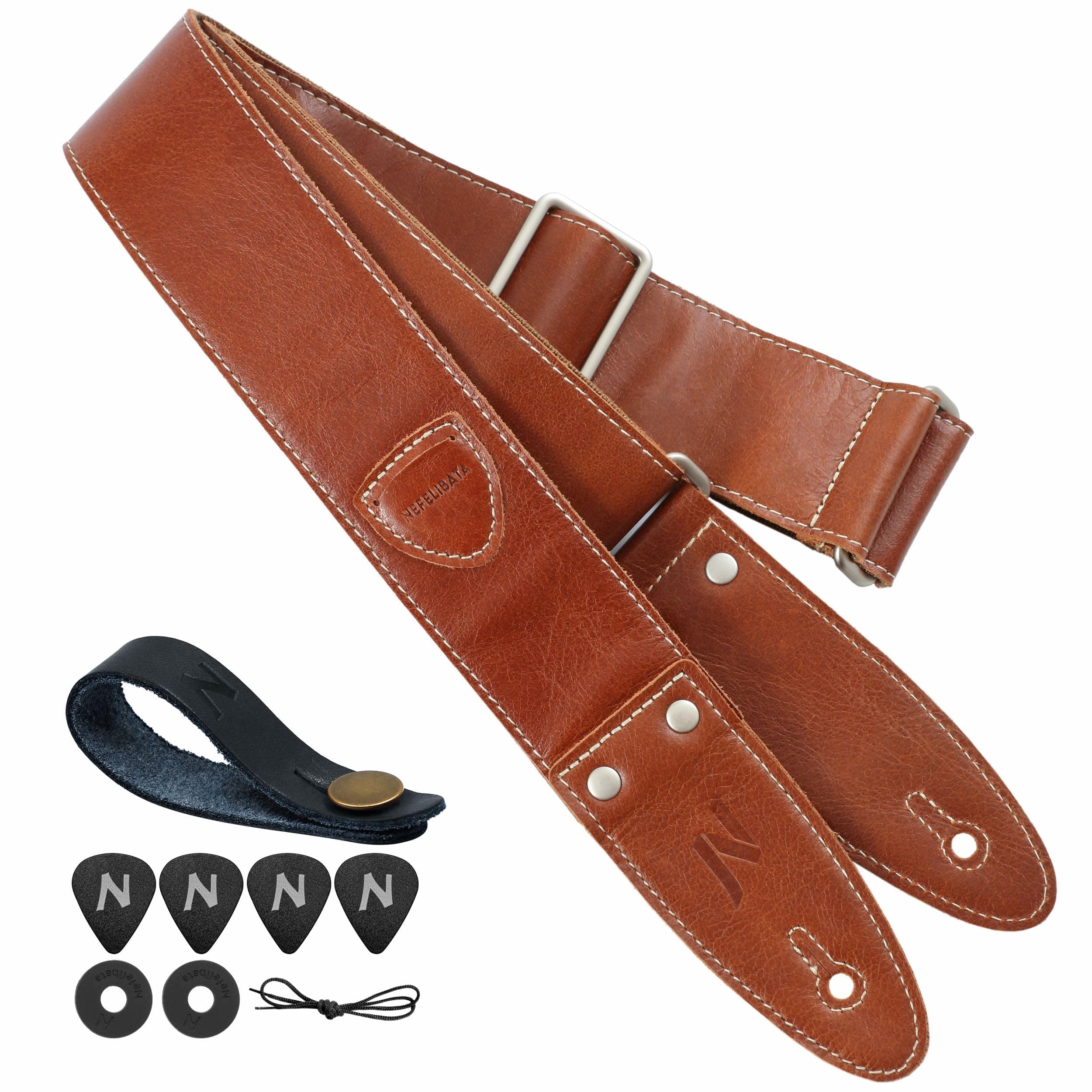 Full Grain Leather Guitar Strap with Pick Pocket for Bass, Electric & Acoustic Guitar