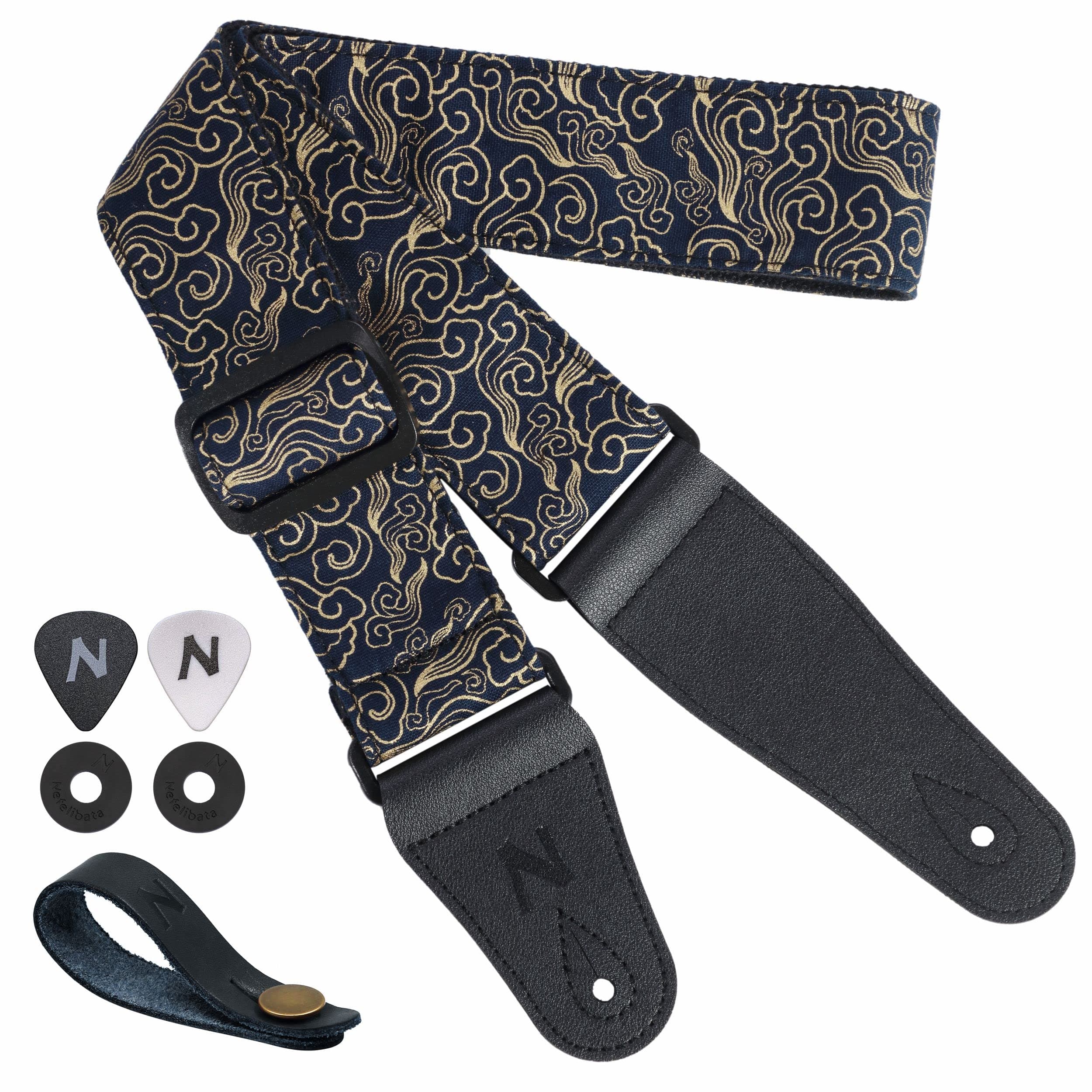 Japanese Printed Cotton Guitar Strap with Leather Ends and Accessories