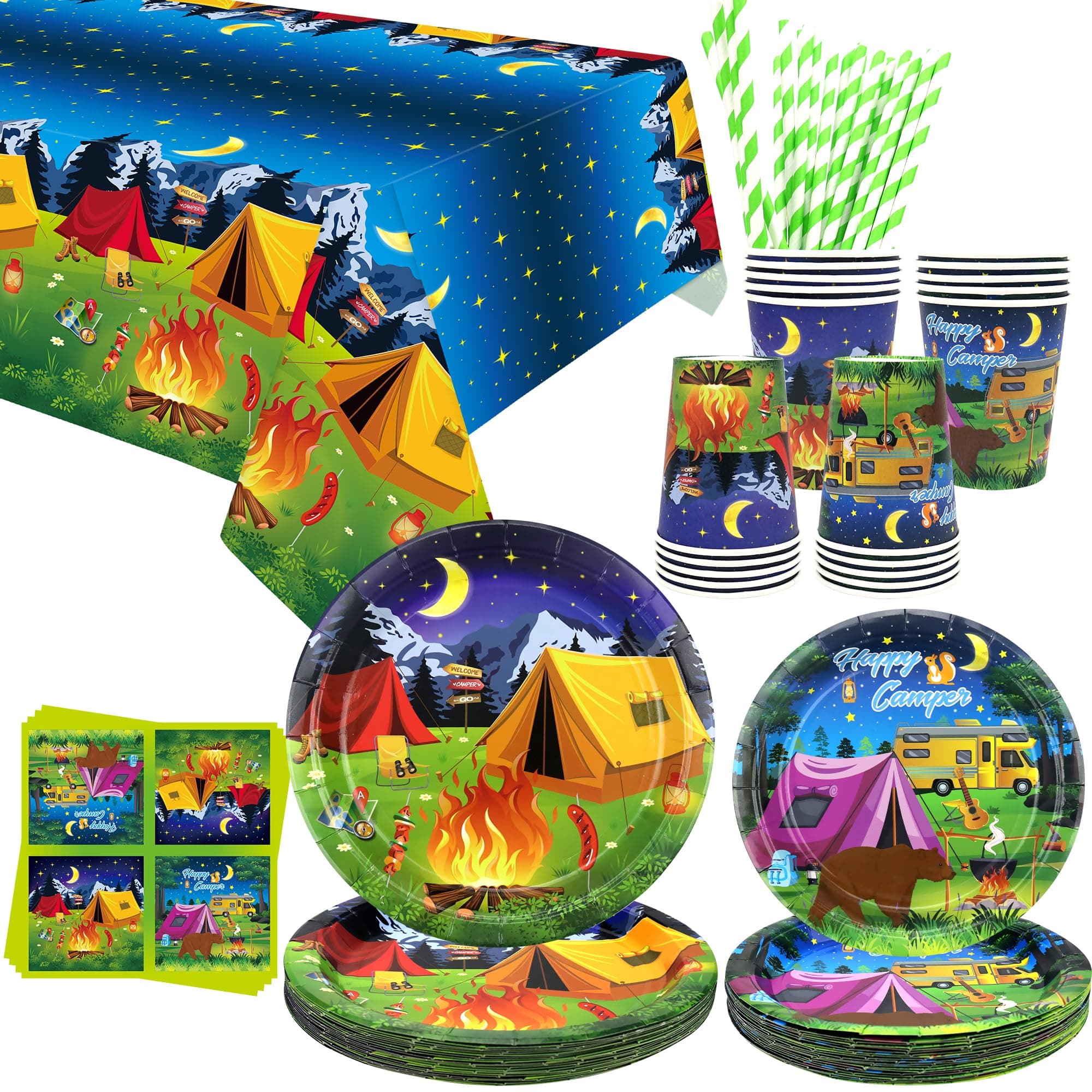 Camping Party Supplies for 20 - Plates, Cups, Napkins, Tablecloth