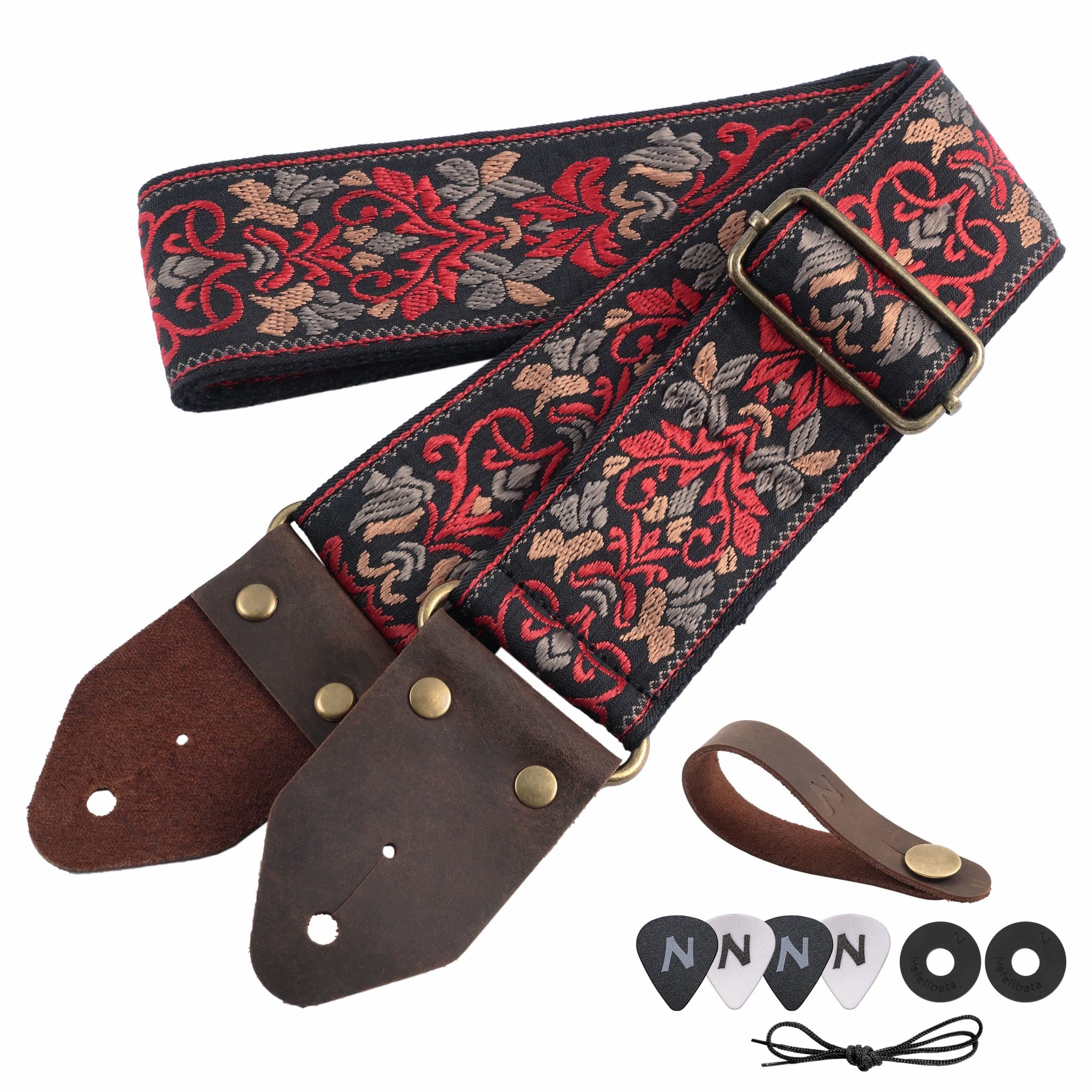 Nefelibata Retro Red Flower Jacquard Embroidery Cotton Guitar Straps for Bass, Electric & Acoustic Guitarists, Best Gifts for Kids