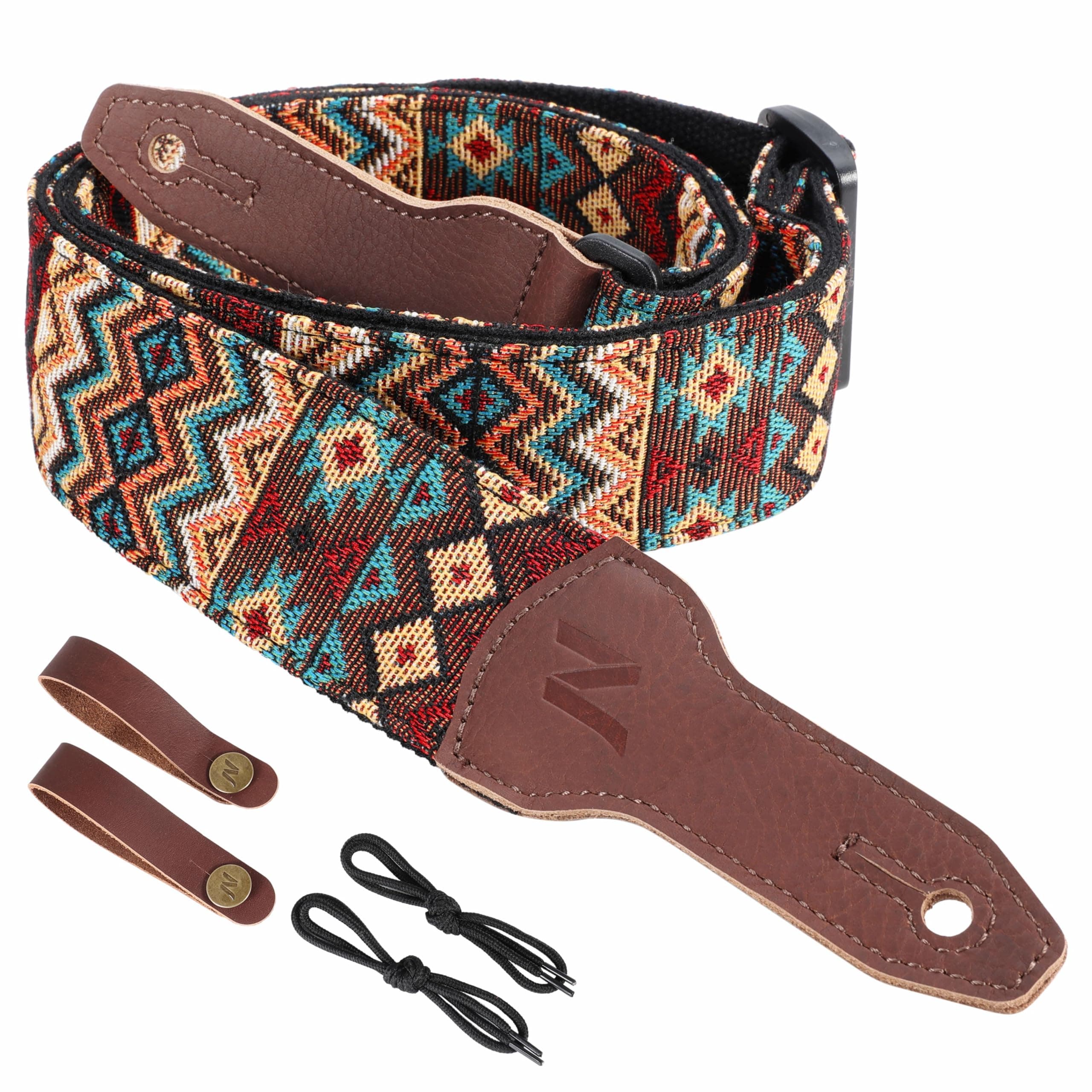 Nefelibata Banjo Strap, Double Full Grain Cowhide Guitar Strap, Adjustable Replacement, Multi-pattern Guitar Strap With Headstock Rope(Boho Brown)