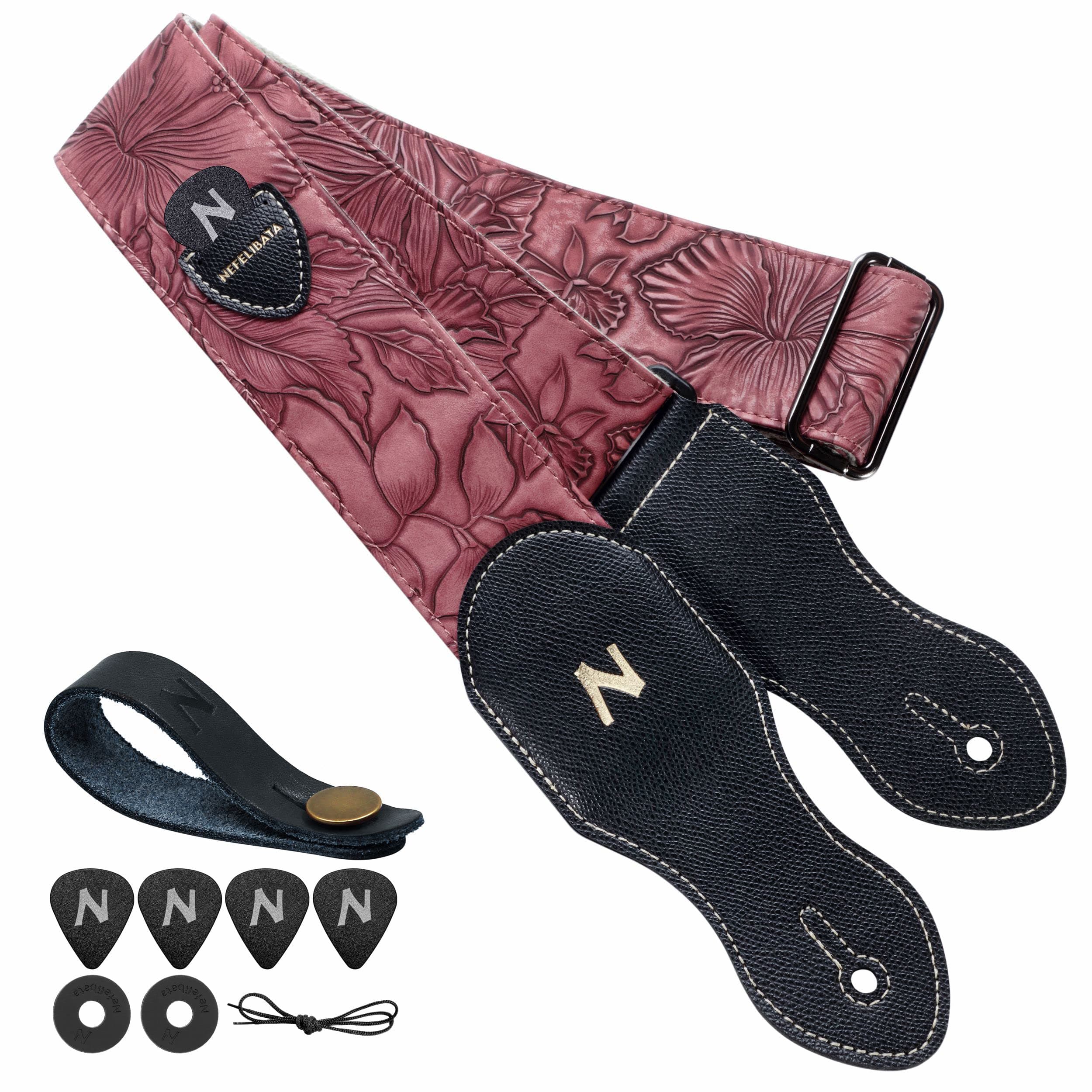 Vintage Style Red Guitar Strap with Pick Pocket and Accessories
