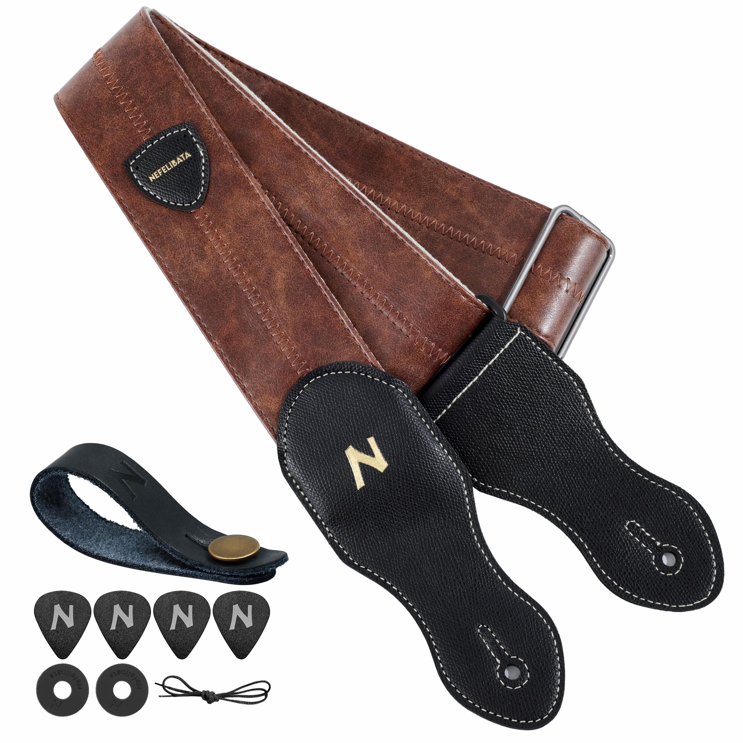 Nefelibata Guitar Strap with Pick Pocket, Vintage Style (Brown)