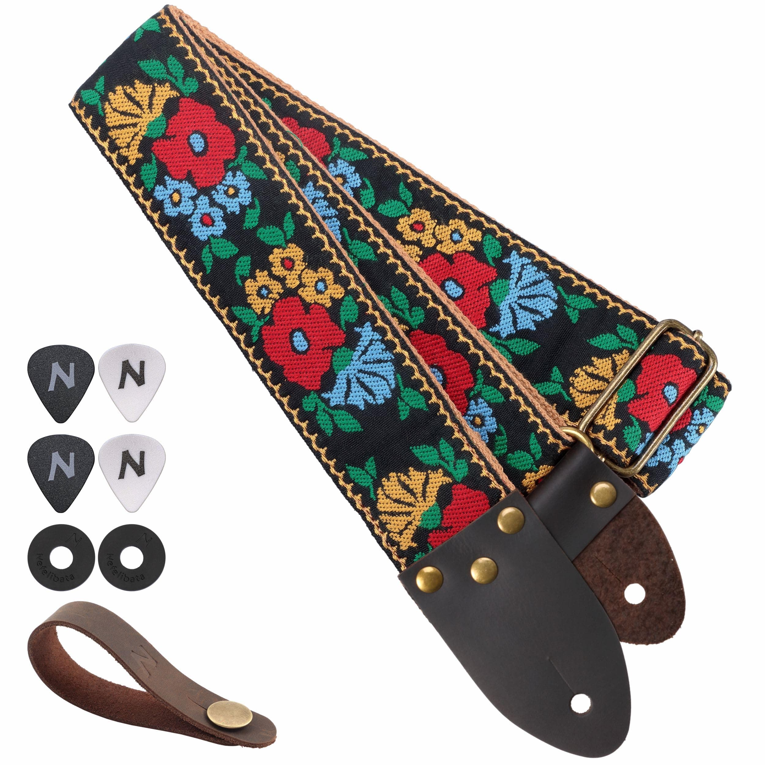 Nefelibata Vintage Jacquard Embroidery Guitar Strap for Electric Acoustic | Full Grain Leather Ends | Free Button & Locks | 2 Picks Included