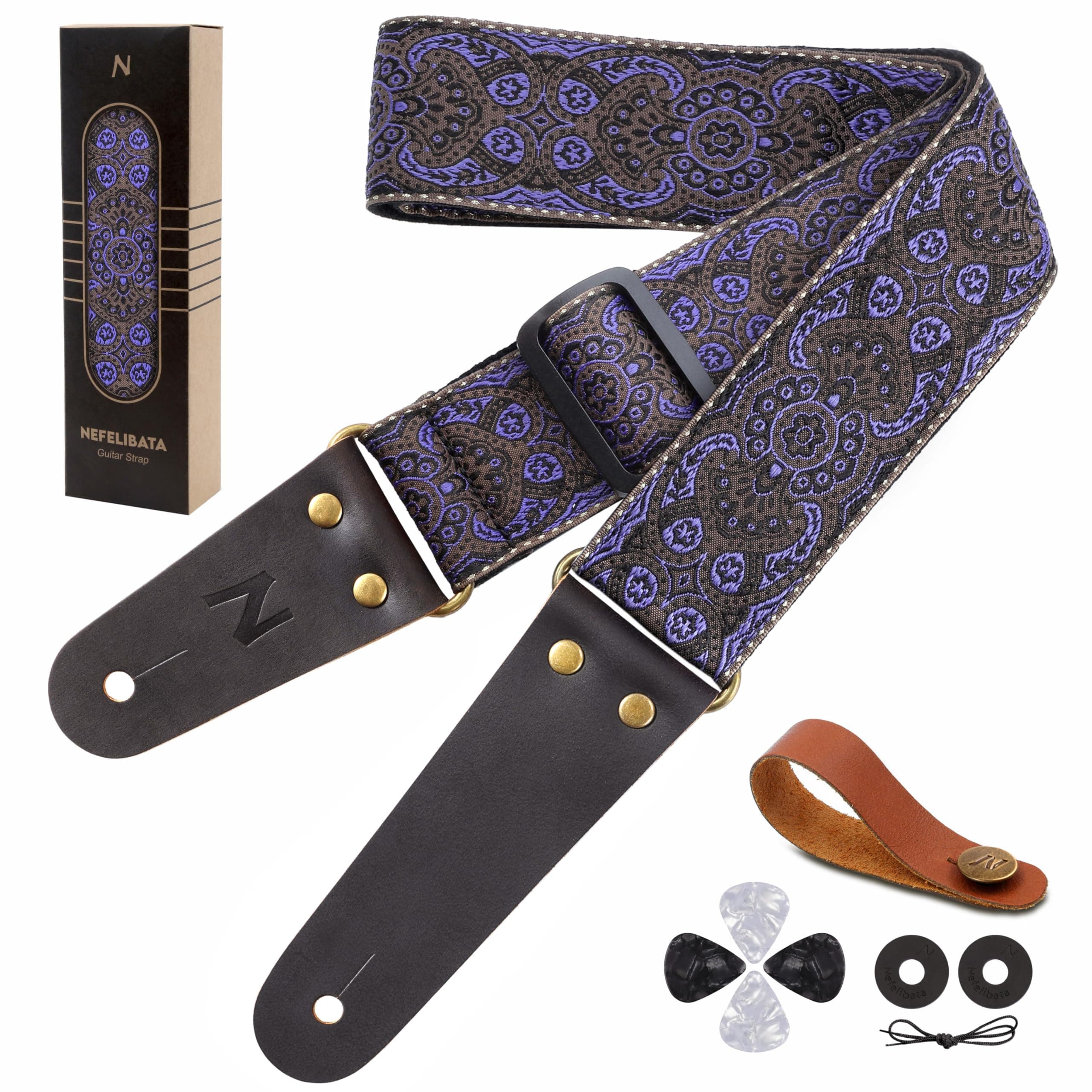 Vintage Embroidered Nefelibata Guitar Strap with Cowhide Ends, 1 Pair Locks & Picks